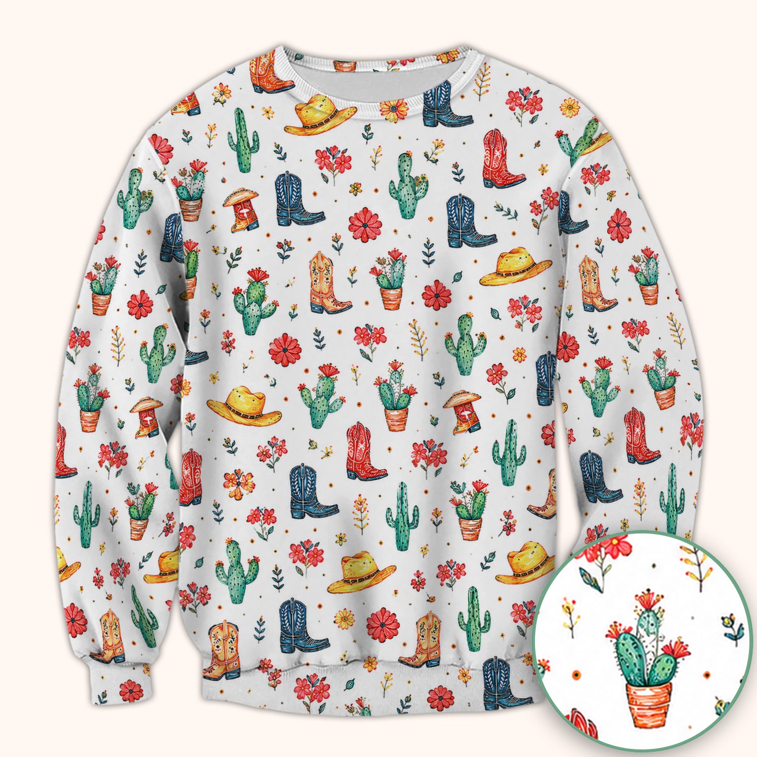Whimsical Western Cactus Boots Pattern Scrub Top, Breathable Fabrics Nursing Uniform