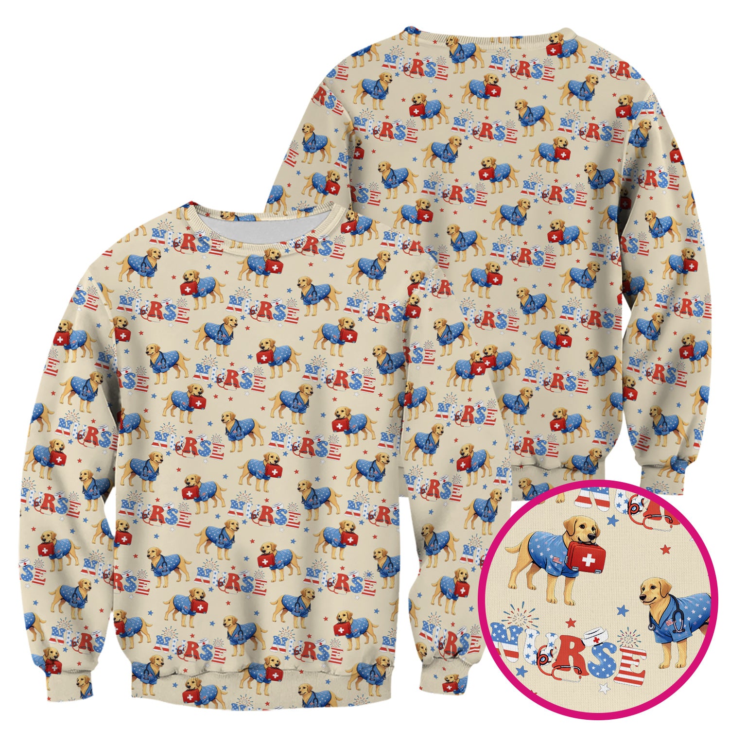 Patriotic Nurse Dog Medical Pattern Scrub Top, Breathable Fabrics Nursing Uniform