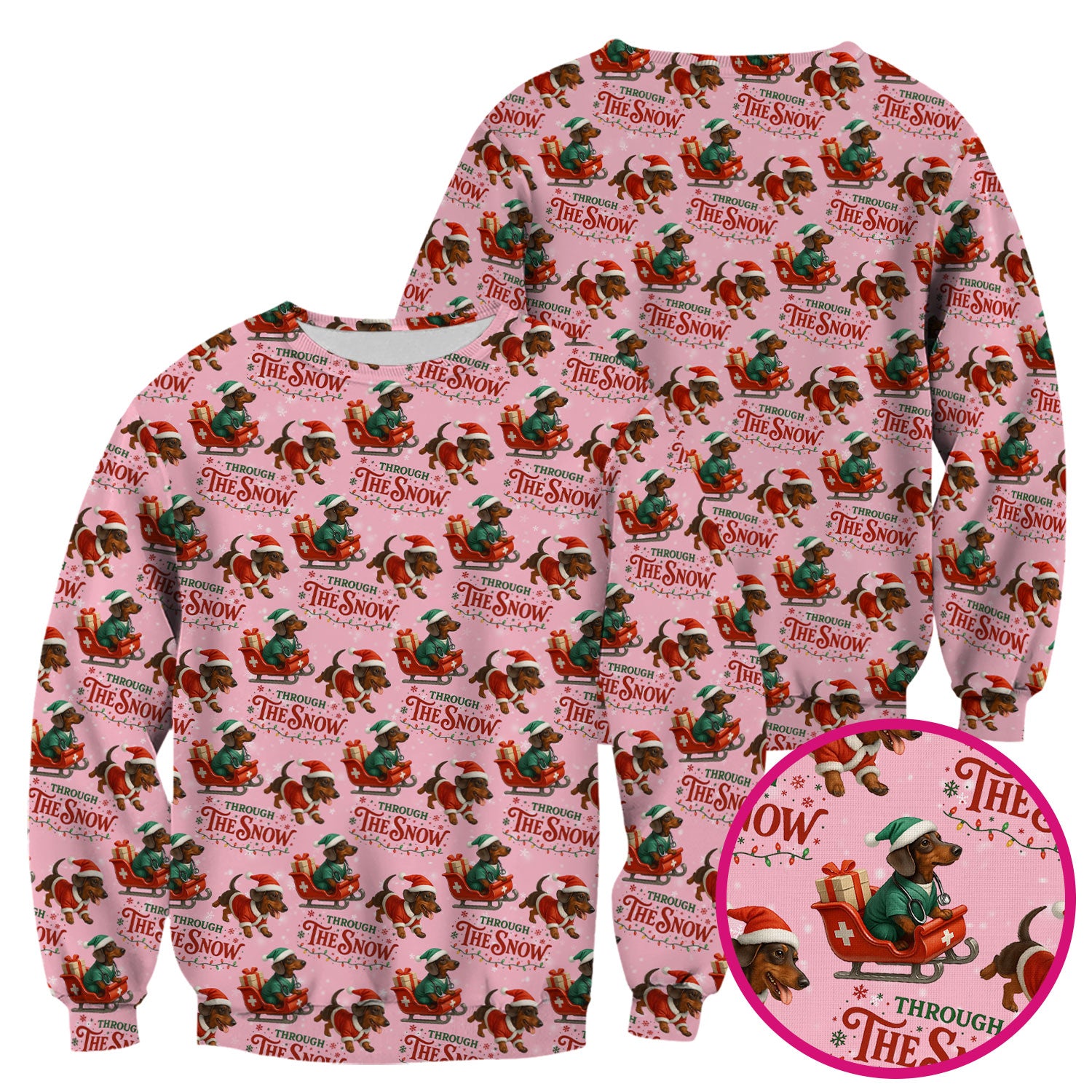 Dachshund Christmas Scrub Top, Cute Dog Nurse Scrub Shirt, Through The Snow Pattern Nursing Uniform