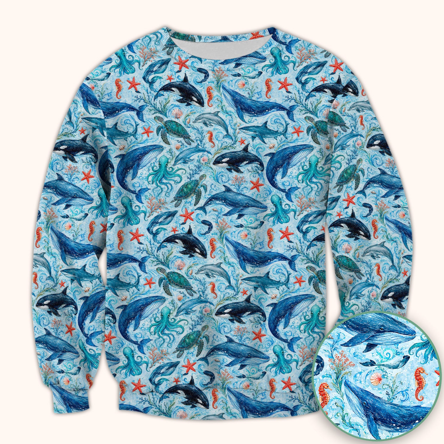Watercolor Ocean Wildlife Scene Pattern Scrub Top, Comfortable Scrubs for Nurses
