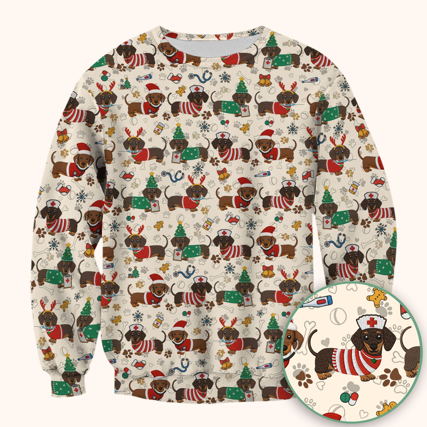 Christmas Dachshund Scrub Top for Nurses - Cute Wiener Dog Pattern Medical Shirt - Festive Holiday Scrubs Gift for Women RN CNA LPN
