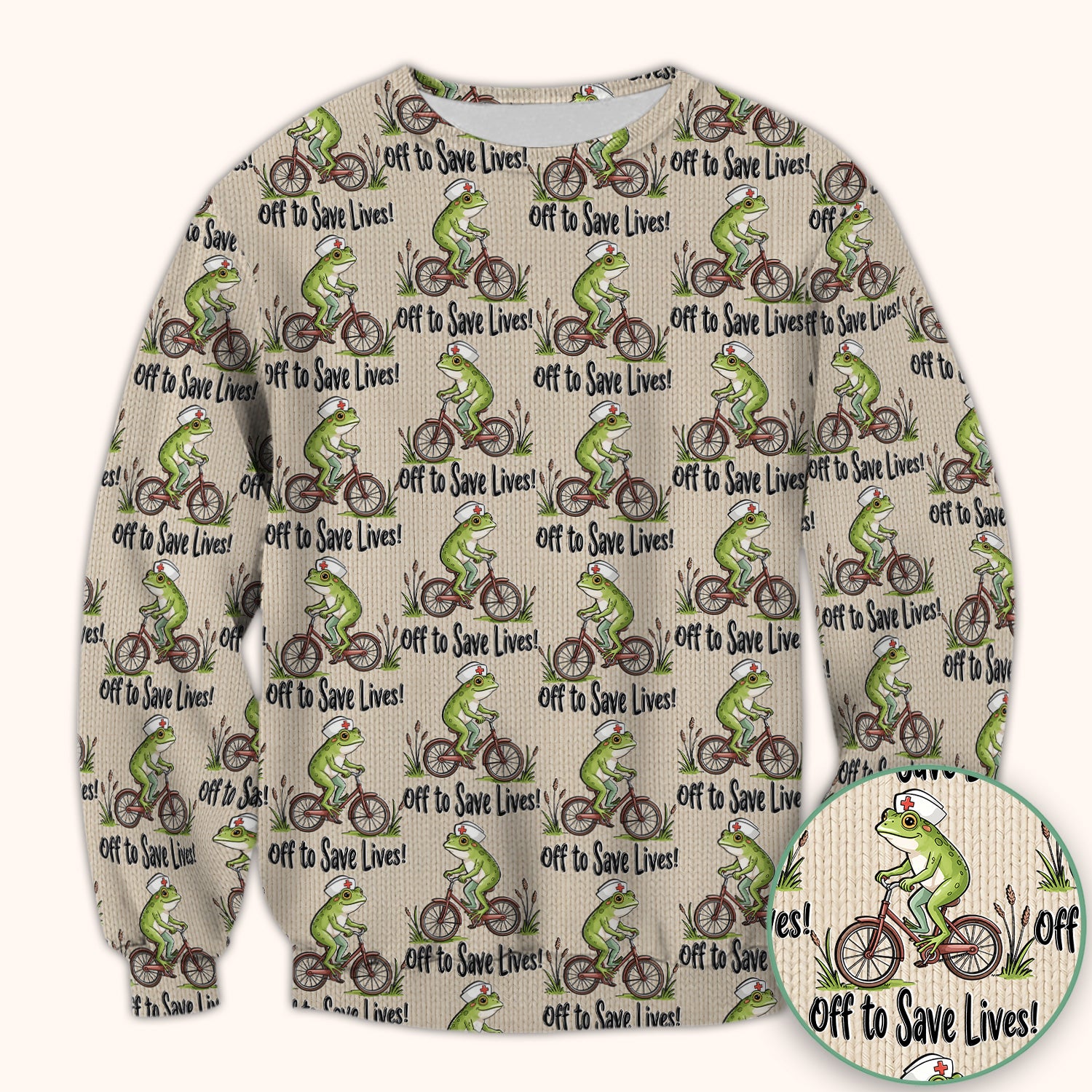 Nurse Frog Riding Bicycle Pattern Scrub Top, Breathable Fabrics Nursing Uniform Scrub Top, Comfortable Scrubs for Nurses