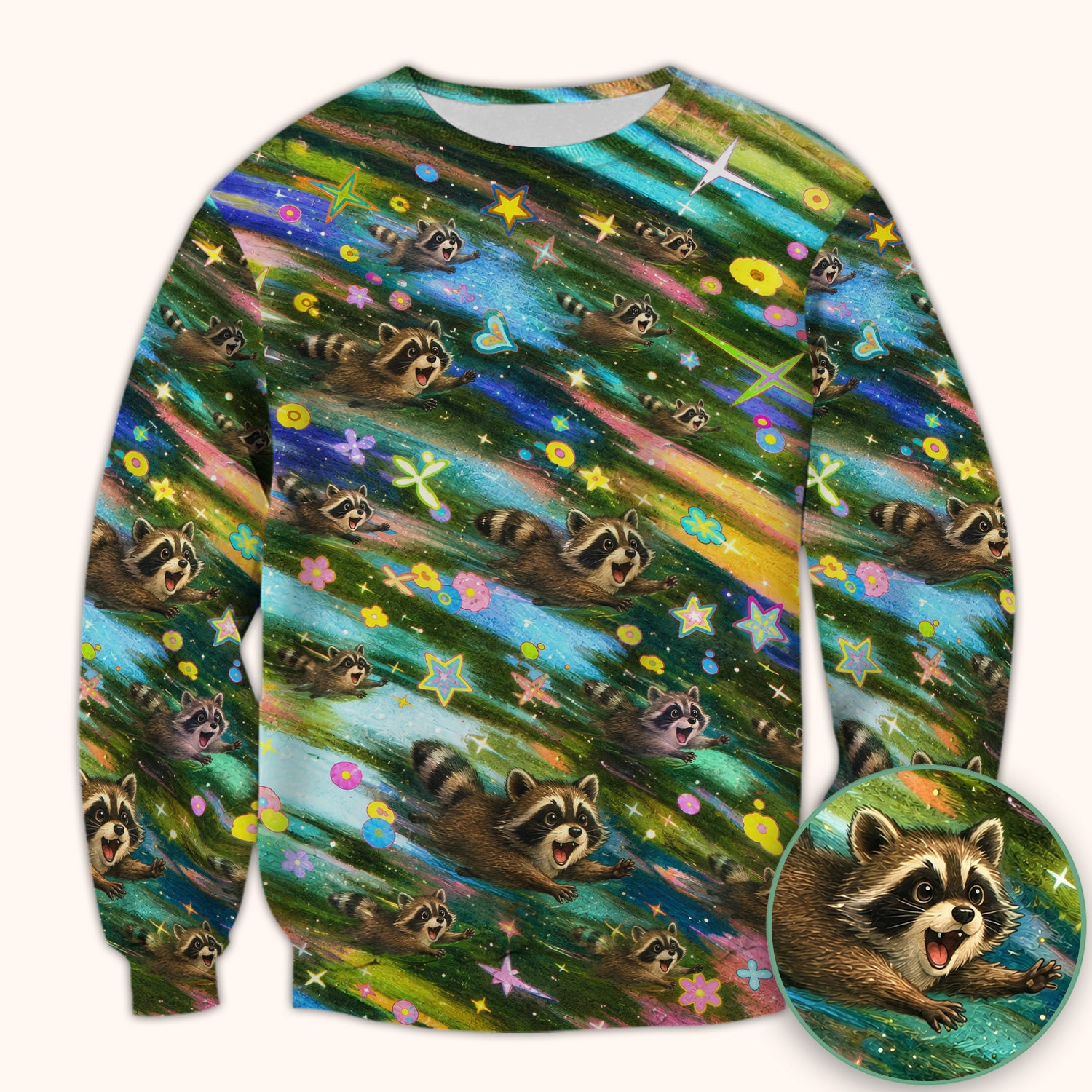 Cute Raccoon Rainbow Dash Pattern Scrub Top, Comfortable Scrubs for Nurses