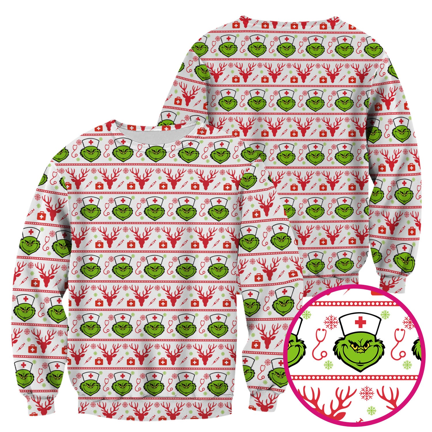 Funny Grinch Nurse Scrubs Top - Ugly Christmas Sweater Style Scrub Shirt - Holiday Nursing Workwear for Women