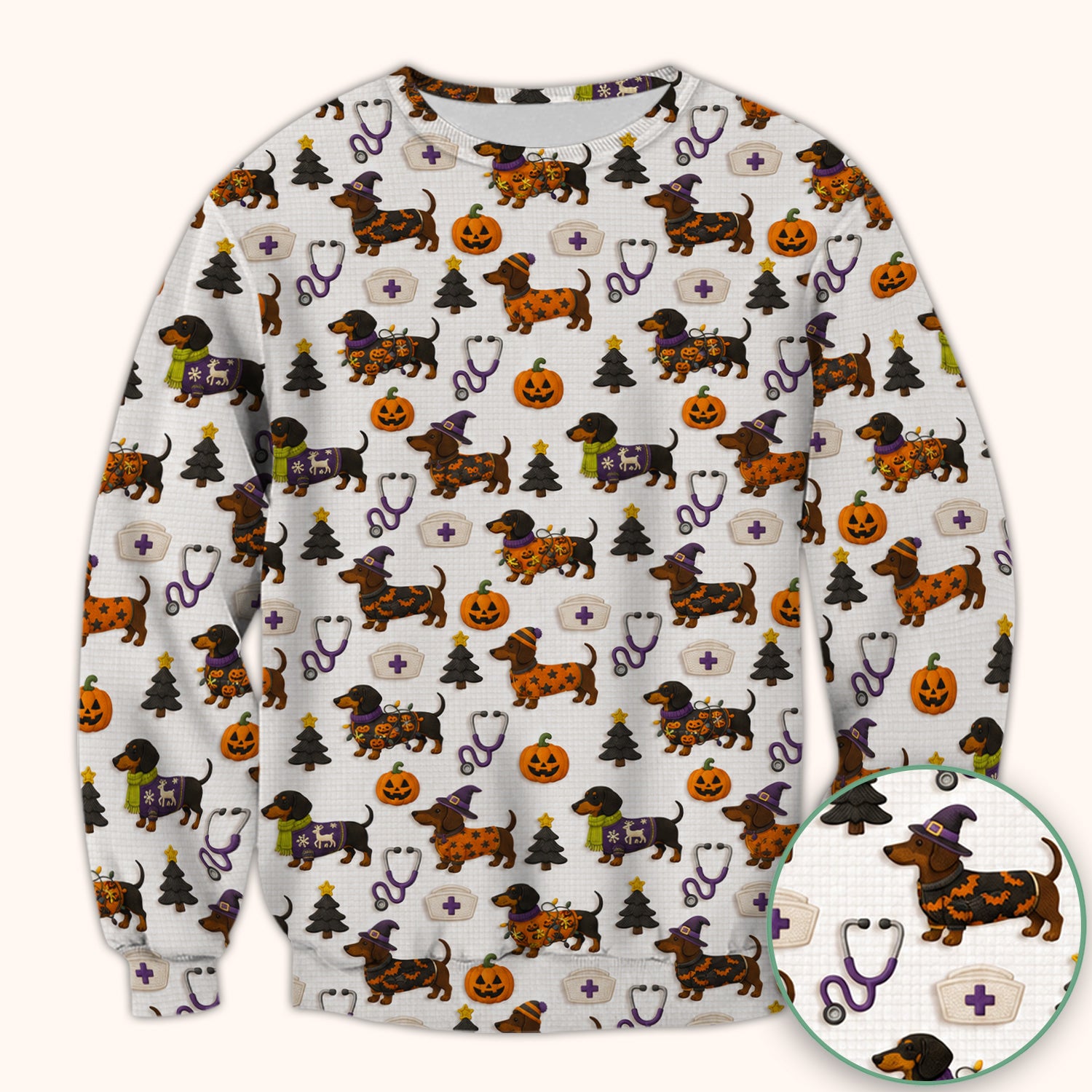 Halloween Dachshund with Pumpkin Stethoscope Print Scrub Top, Comfortable Scrubs for Nurses