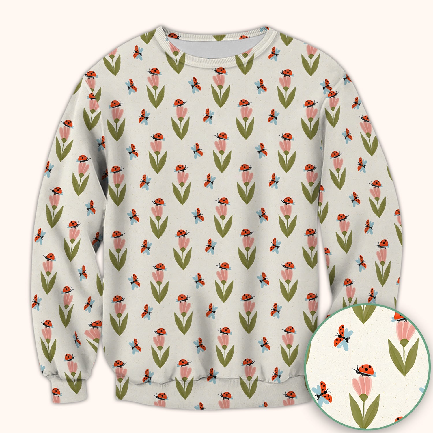 Cute Ladybug Tulip Floral Pattern Scrub Top, Comfortable Scrubs for Nurses