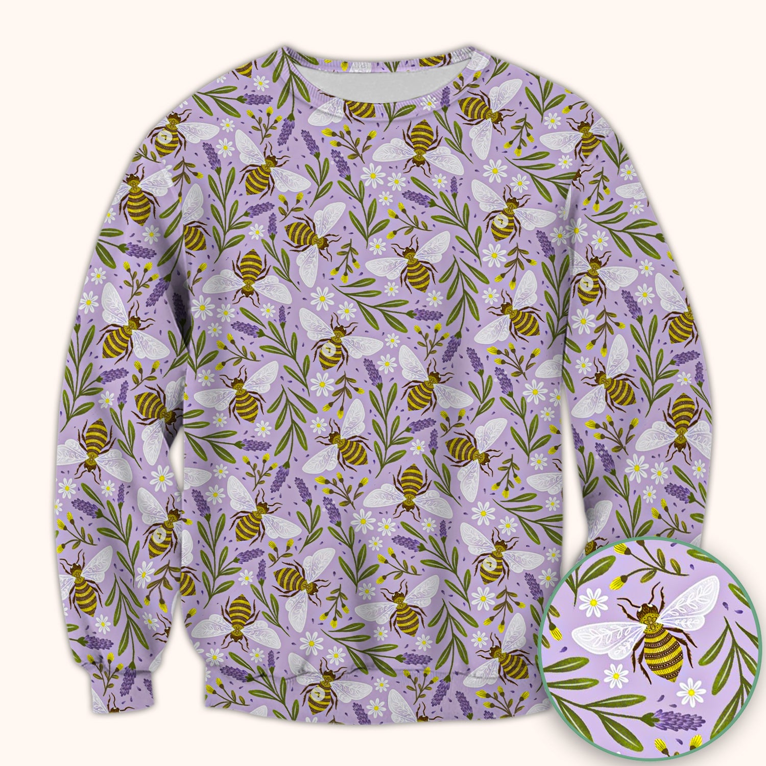 Cute Lavender Bee Floral Pattern Scrub Top, Comfortable Scrubs for Nurses