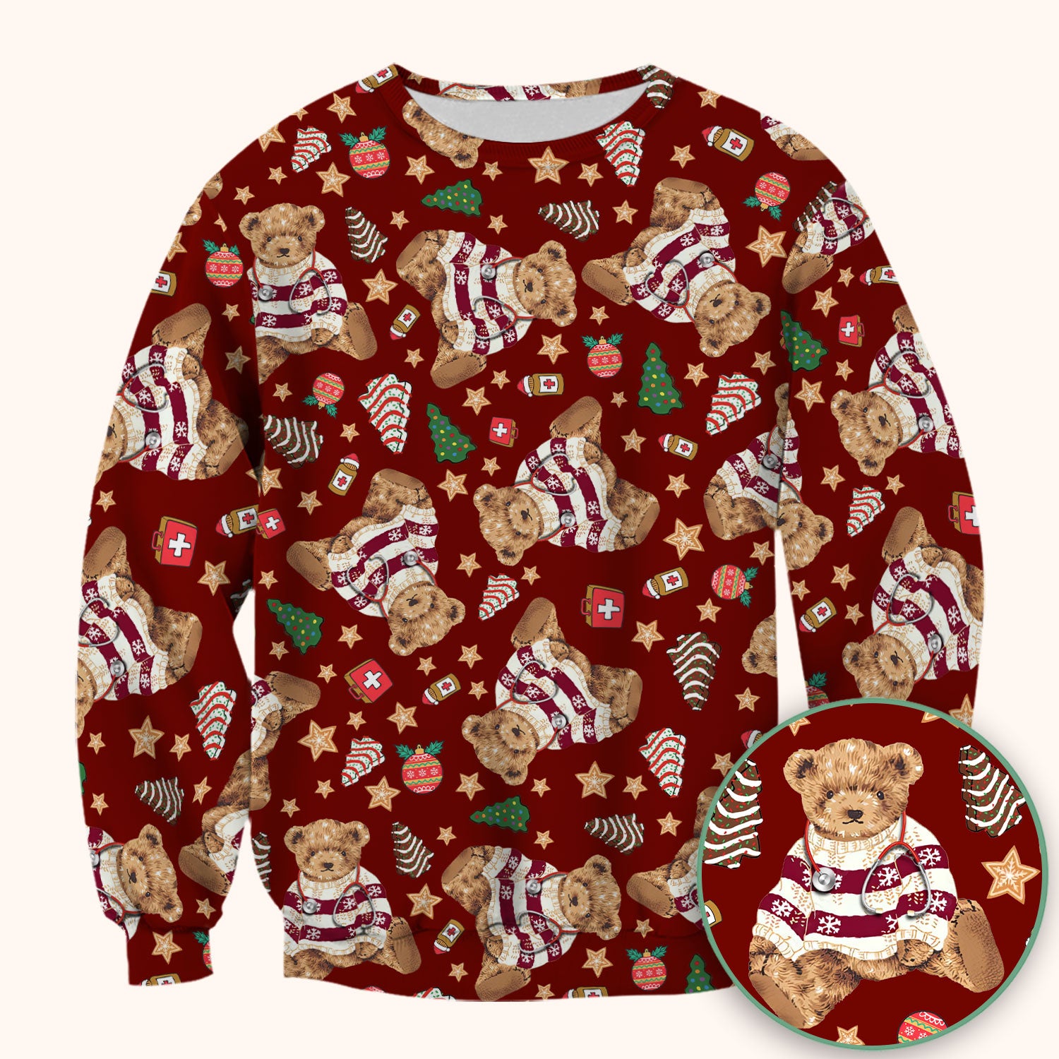 Teddy Bear Christmas Scrub Top - Cute Holiday Medical Pattern with Warm Sweater Bear - Gift for Nurses RN CNA LPN