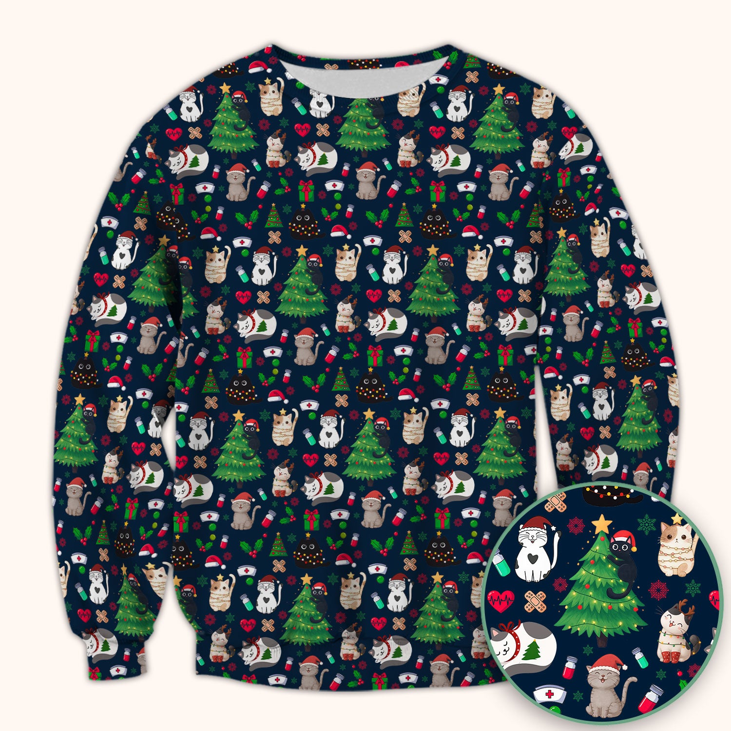 Christmas Cat Scrub Top, Xmas Pet Pattern Scrub Shirt, Breathable Fabrics Nursing Uniform