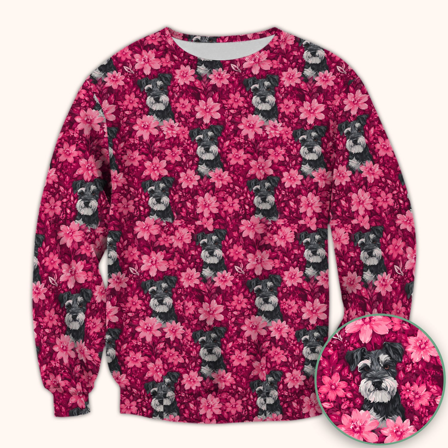 Pink Floral Schnauzer Pattern Scrub Top, Comfortable Scrubs for Nurses