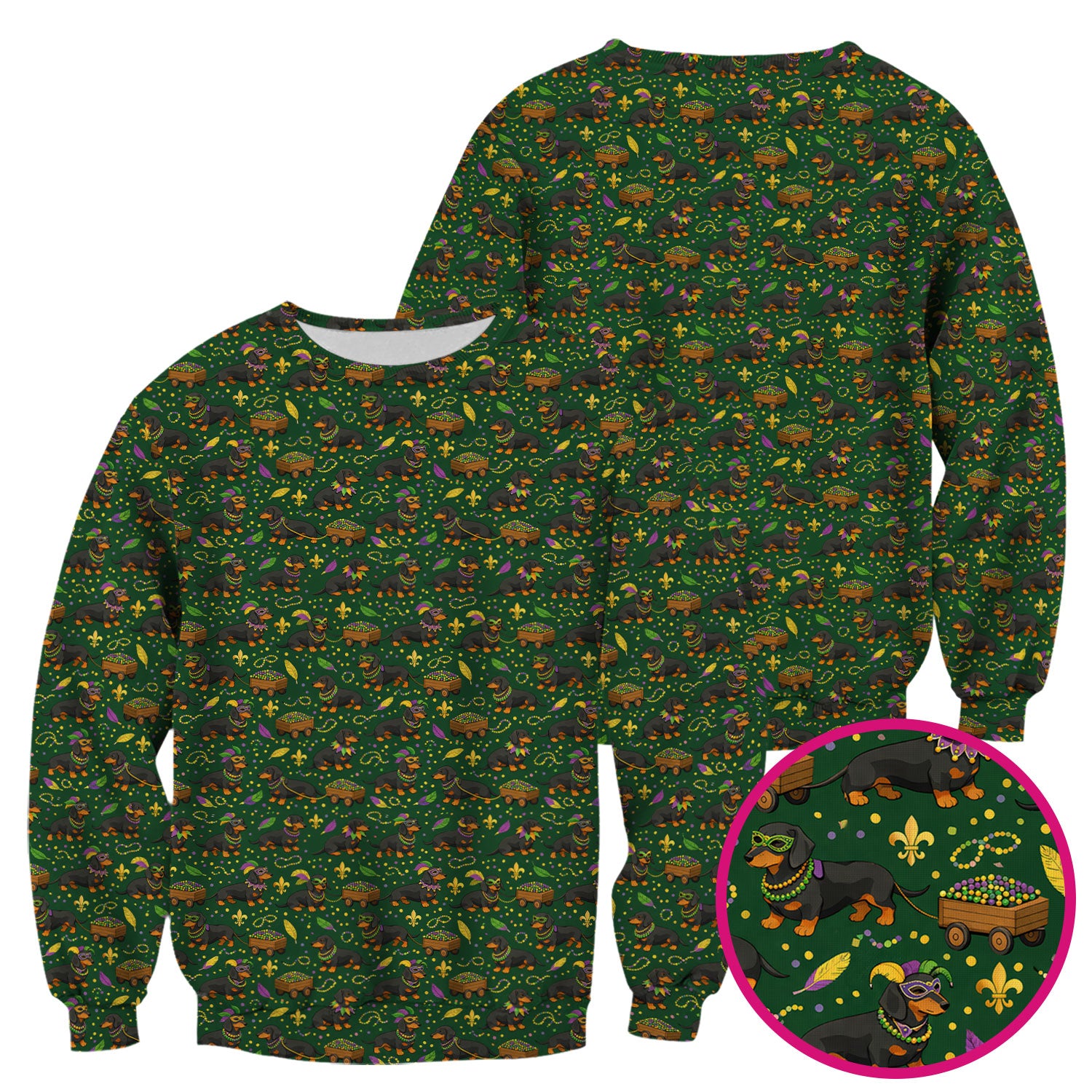 Funny Mardi Gras Dachshund Scrub Top, Festival Wiener Dog Pattern Nurse Shirt, Breathable Fabrics Nursing Uniform