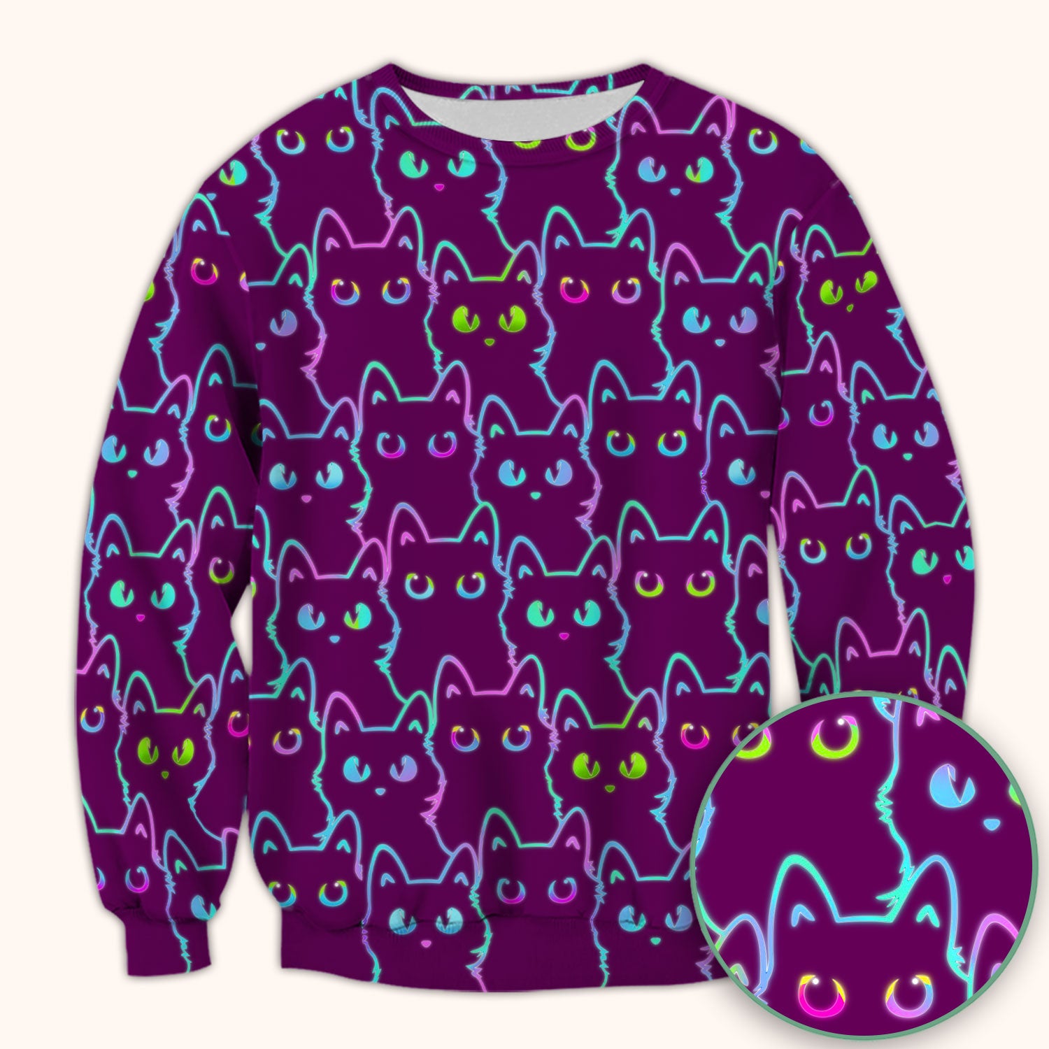 Neon Cat Pattern Scrub Top, Black Cat Scrub Shirt, Breathable Fabrics Nursing Uniform