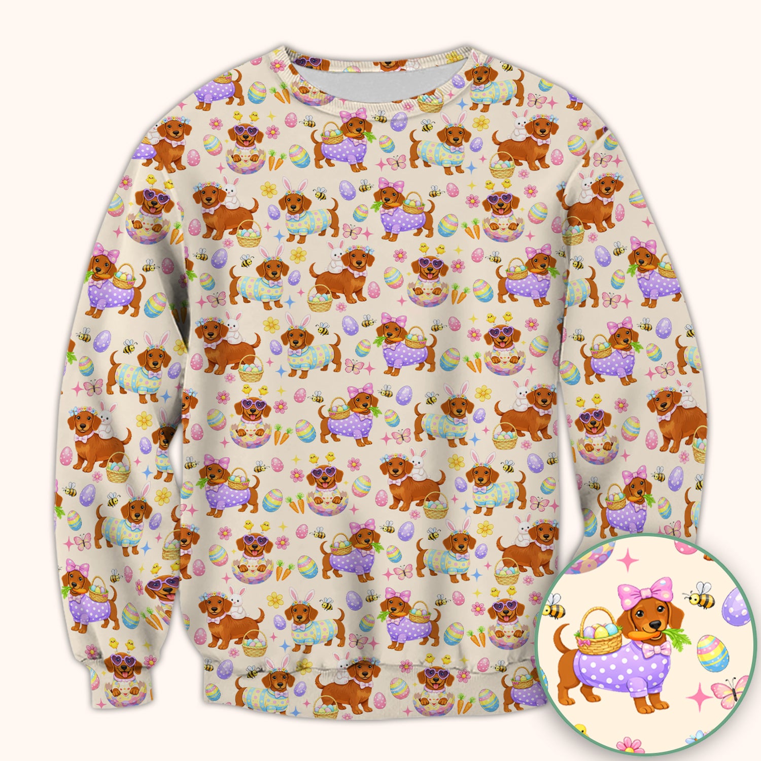Cute Easter Dachshund Dog Pattern Scrub Top, Breathable Healthcare Uniform Top