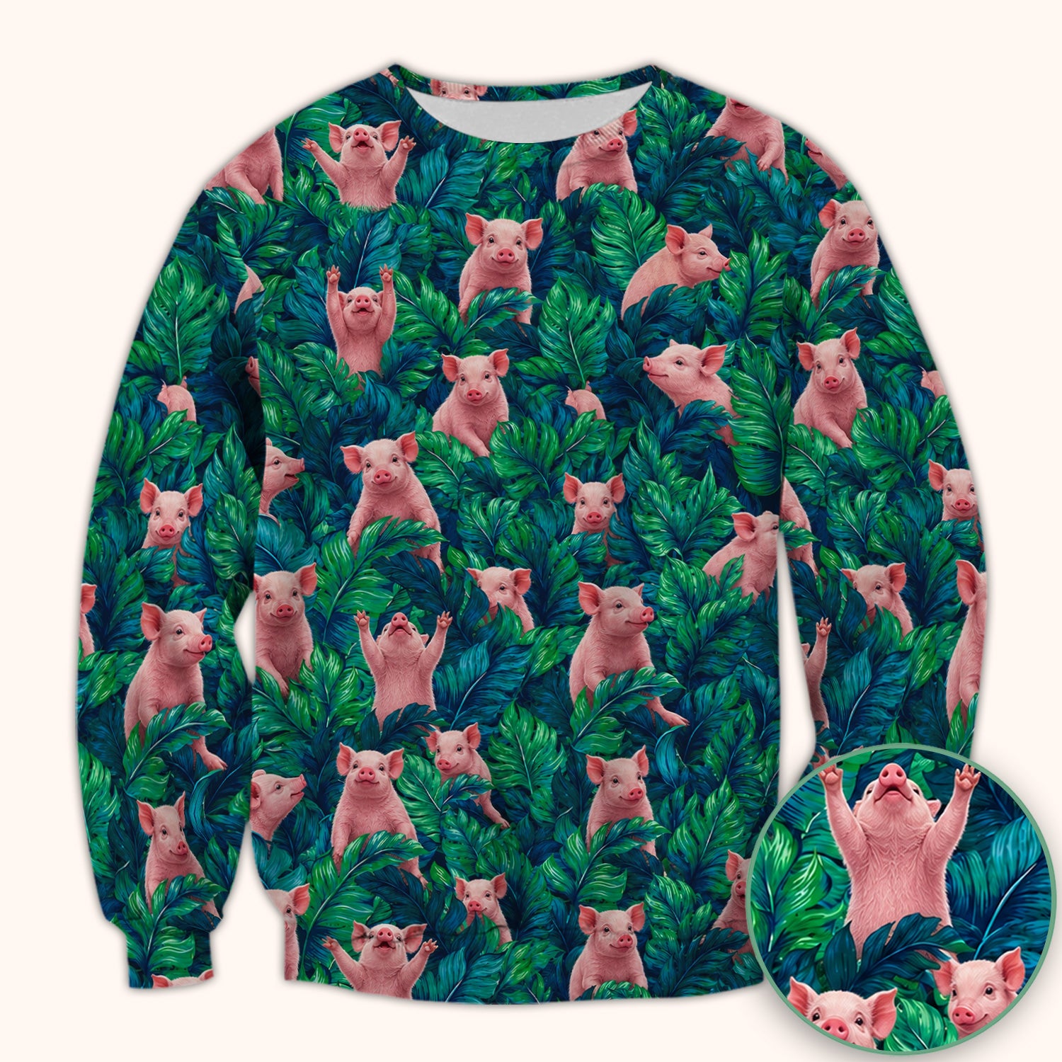 Cute Piglet Jungle Leaves Pattern Scrub Top, Comfortable Scrubs for Nurses