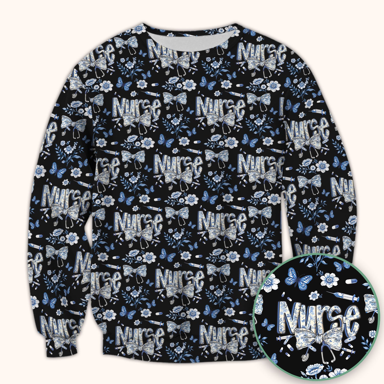 Blue Nurse Letter Bow Butterfly Floral Print Scrub Top, Comfortable Scrubs for Nurses