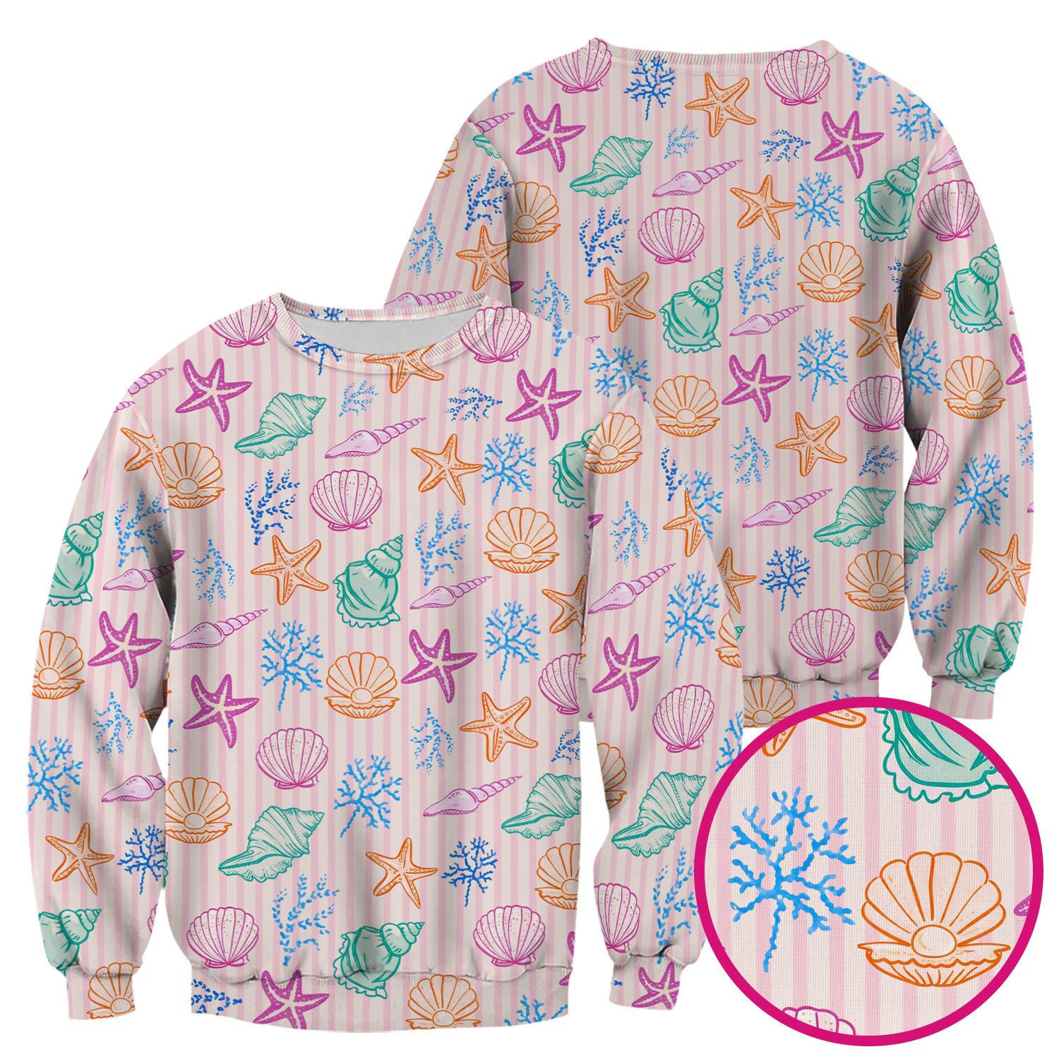 Colorful Seashell Starfish Ocean Stripe Pattern Scrub Top, Breathable Fabrics Nursing Uniform