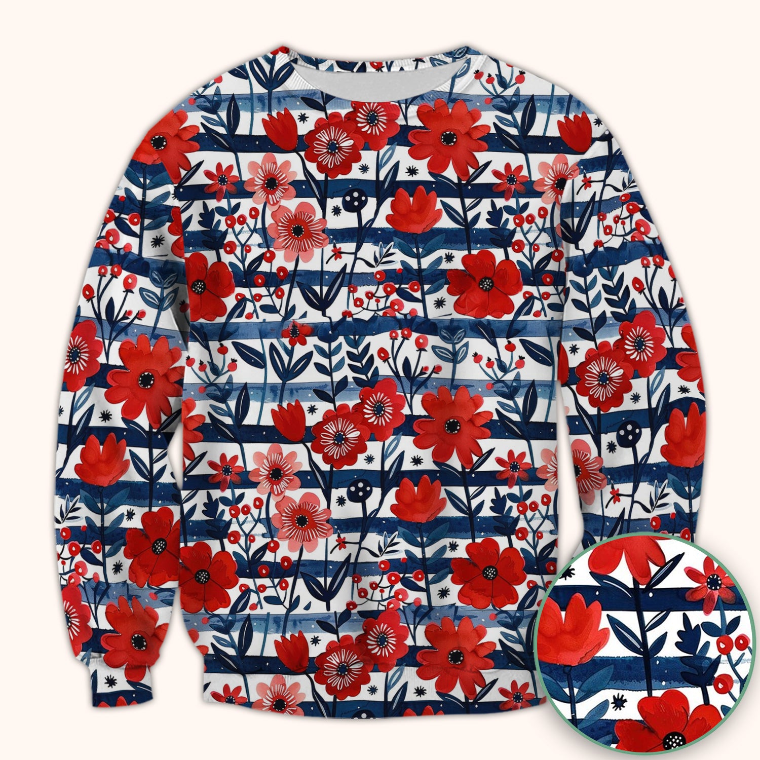 Red Poppy Navy Stripe Pattern Scrub Top, Comfortable Scrubs for Nurses