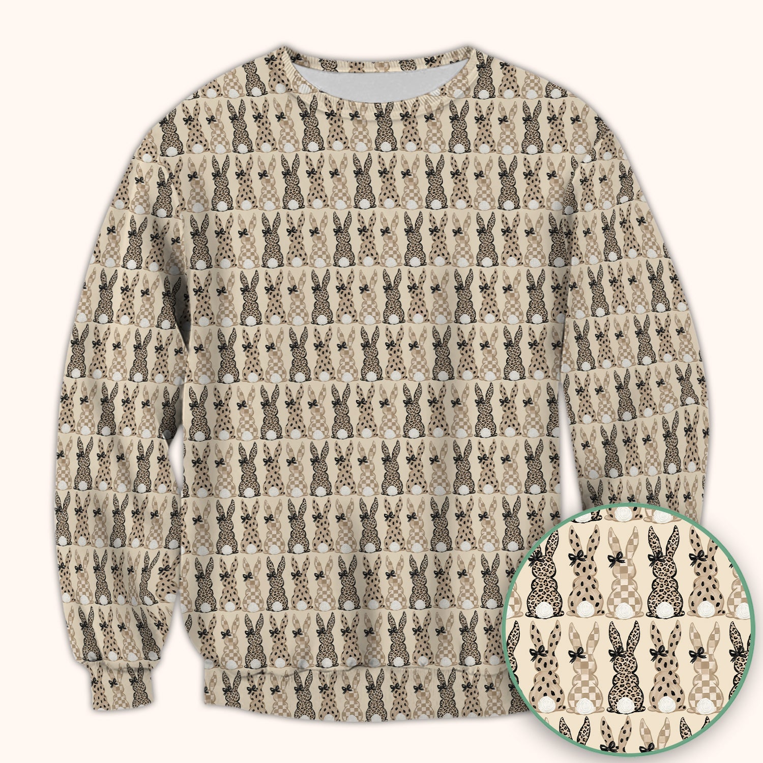 Vintage Bunny Pattern Beige Scrub Top, Comfortable Scrubs for Nurses