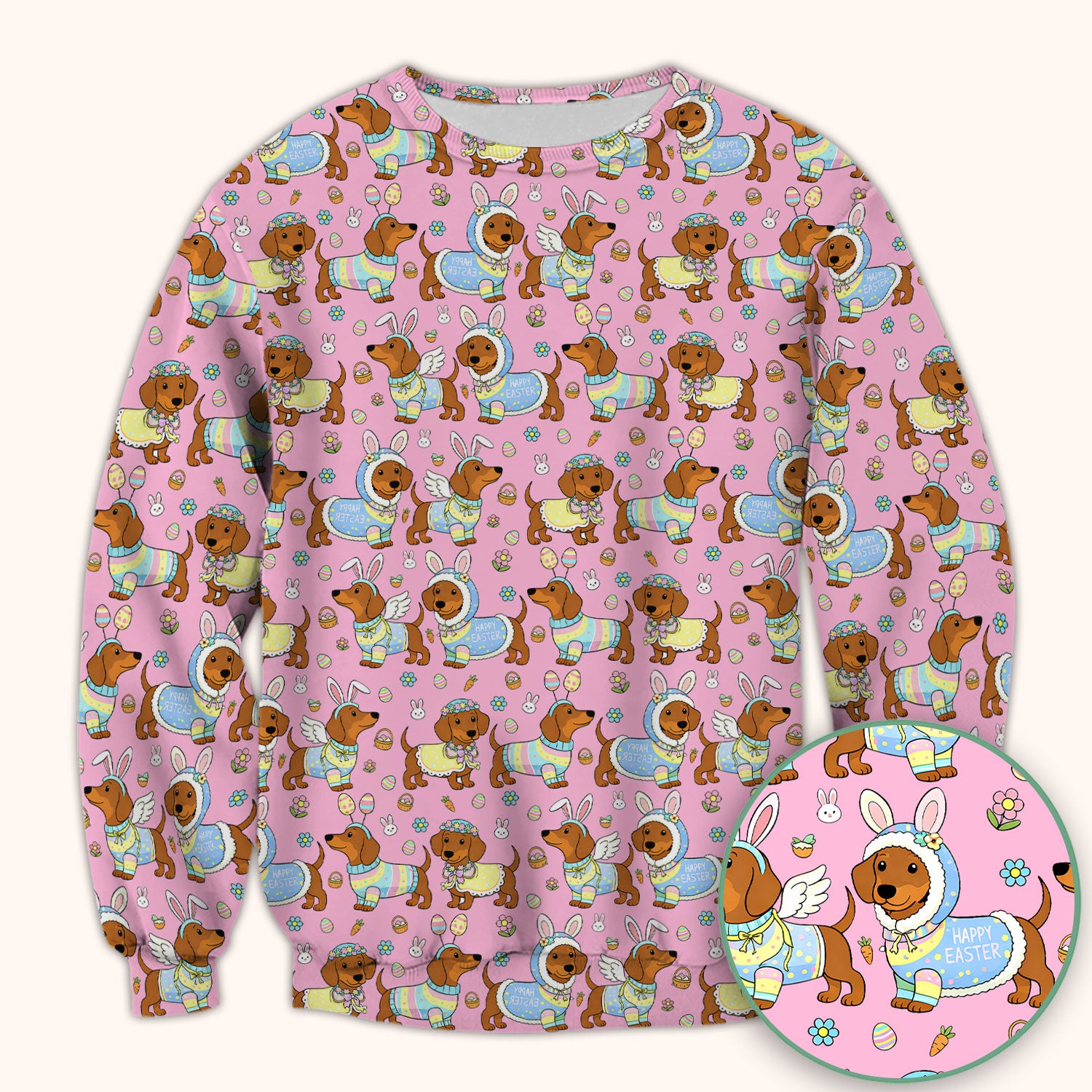 Easter Dachshund Bunny Print Scrub Top, Breathable Fabrics Nursing Uniform