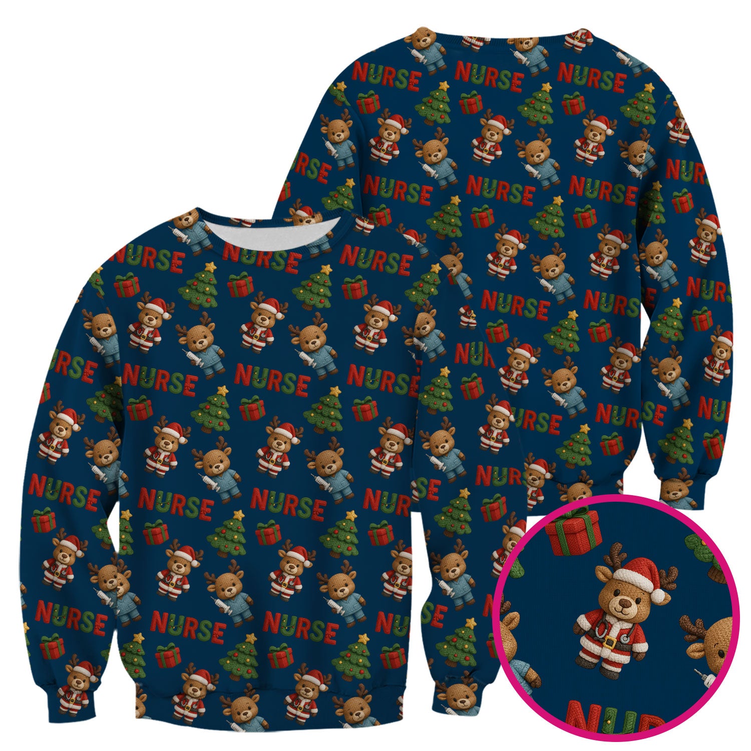 Reindeer Christmas Scrub Top, Cute Holiday Nurse Scrub Shirt, Festive Pattern Nursing Uniform