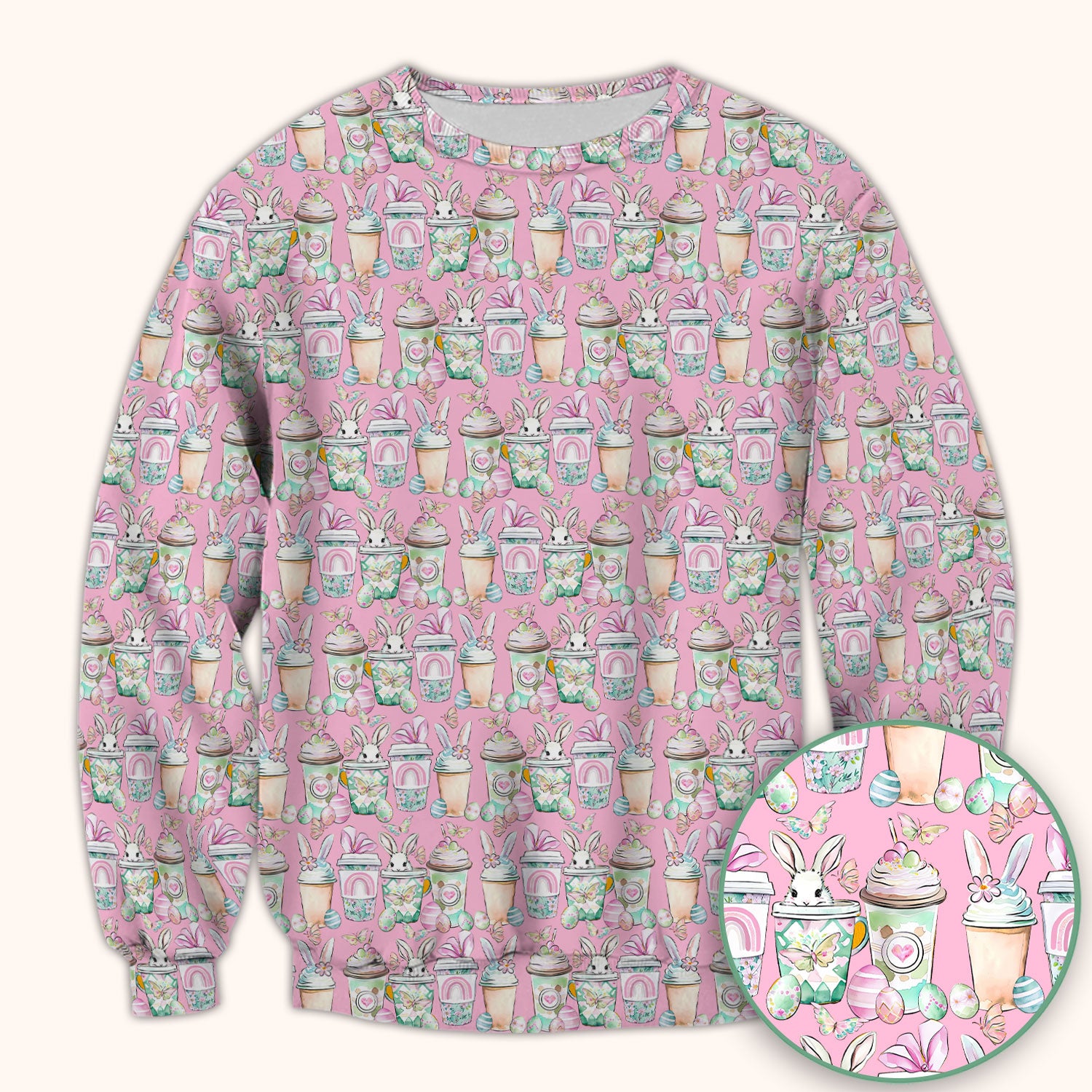 Cute Easter Bunny Coffee Cup Pattern Scrub Top, Comfortable Scrubs for Nurses