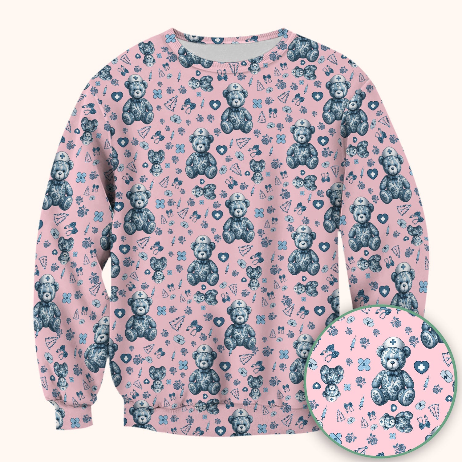 Toile Teddy Bear Nurse Scrub Top - Elegant Blue Toile de Jouy Pattern Medical Shirt for Women - Cute Vintage Nursing Uniform Gift