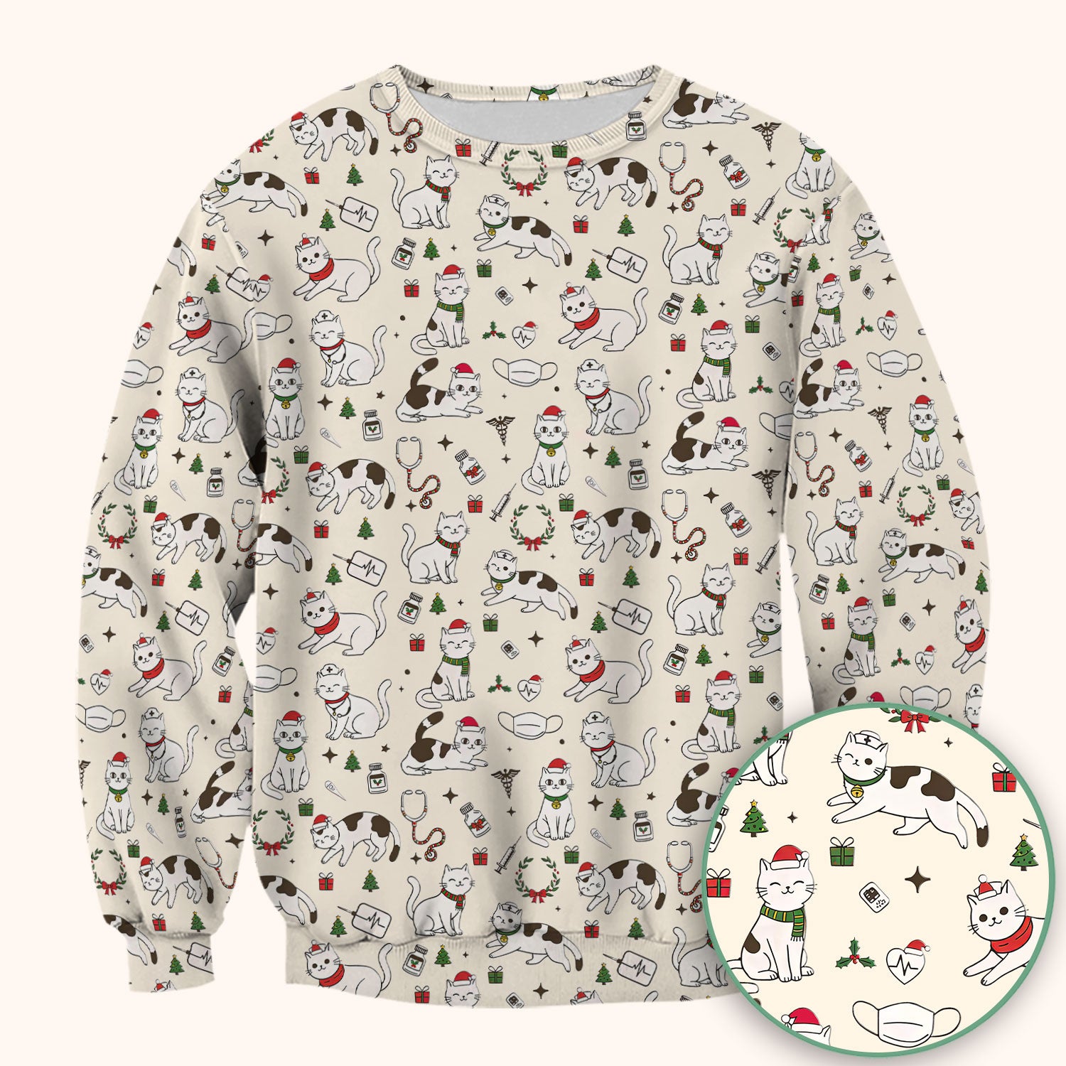 Christmas Cat Scrub Top – Festive Nurse & Holiday Kitty Pattern – Cute Medical Uniform for Nurses, Vets and Healthcare Workers
