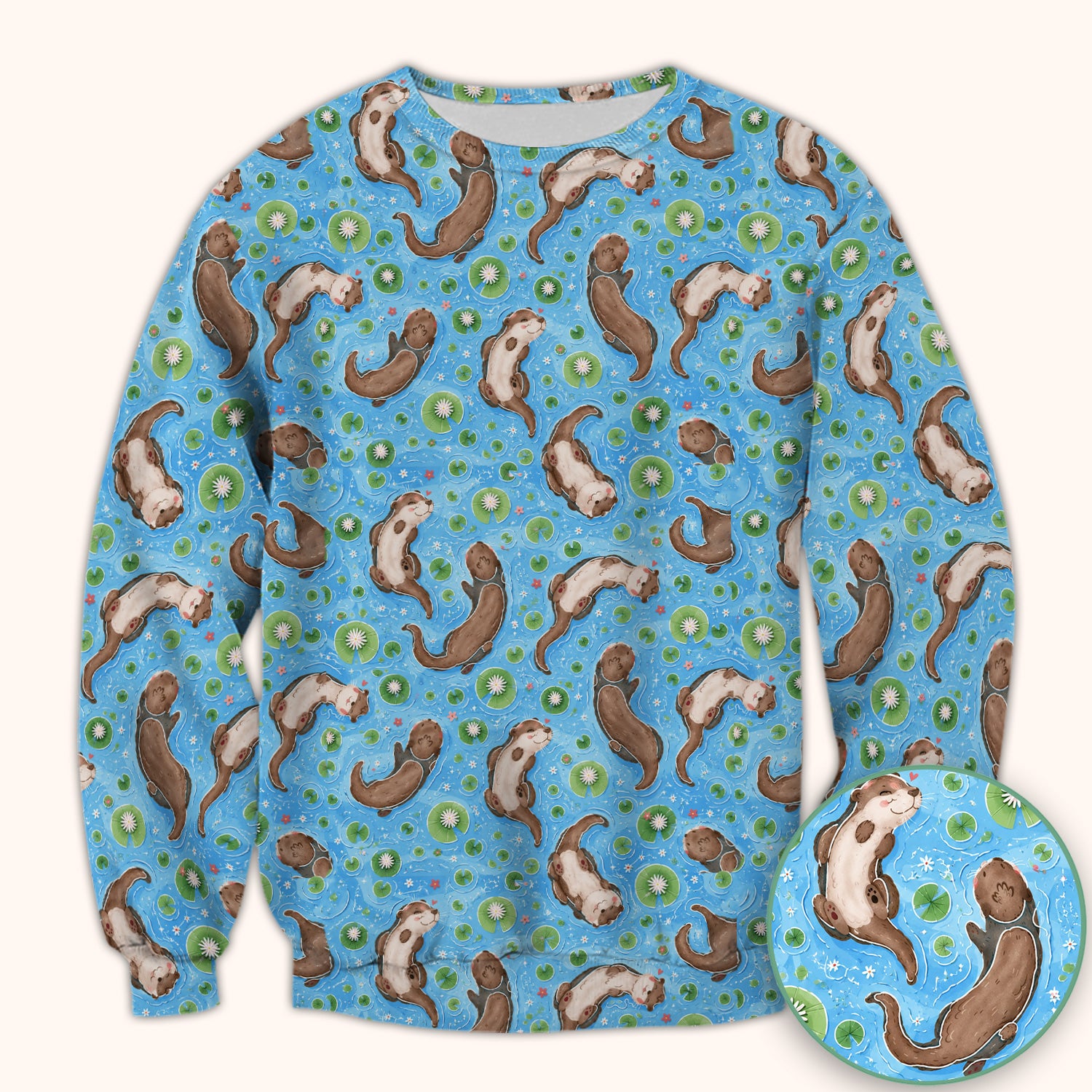 Cute Otter Lily Pond Nurse Print Scrub Top, Comfortable Scrubs for Nurses