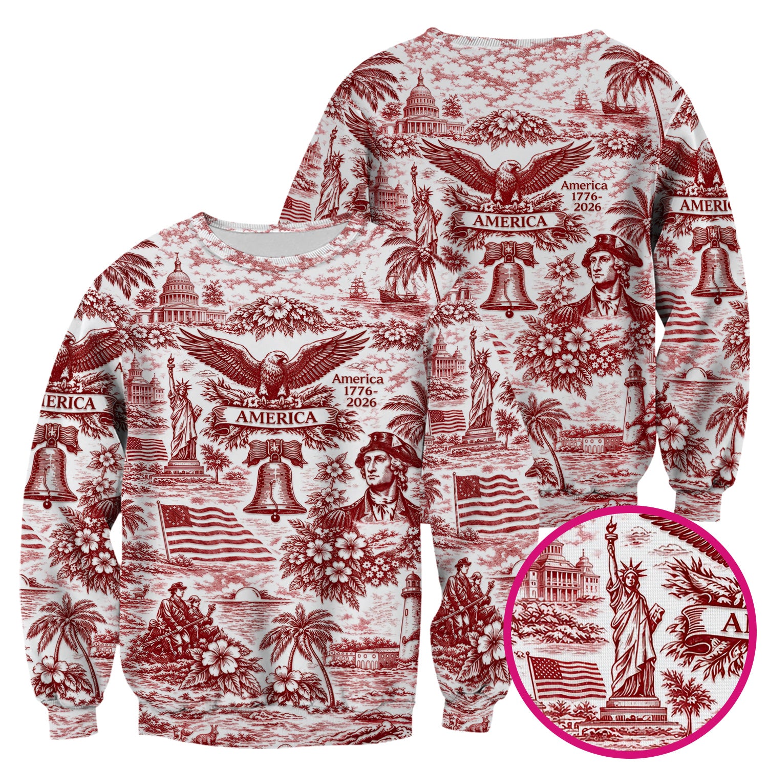 Patriotic America Heritage Toile Pattern Scrub Top, Breathable Fabrics Nursing Uniform