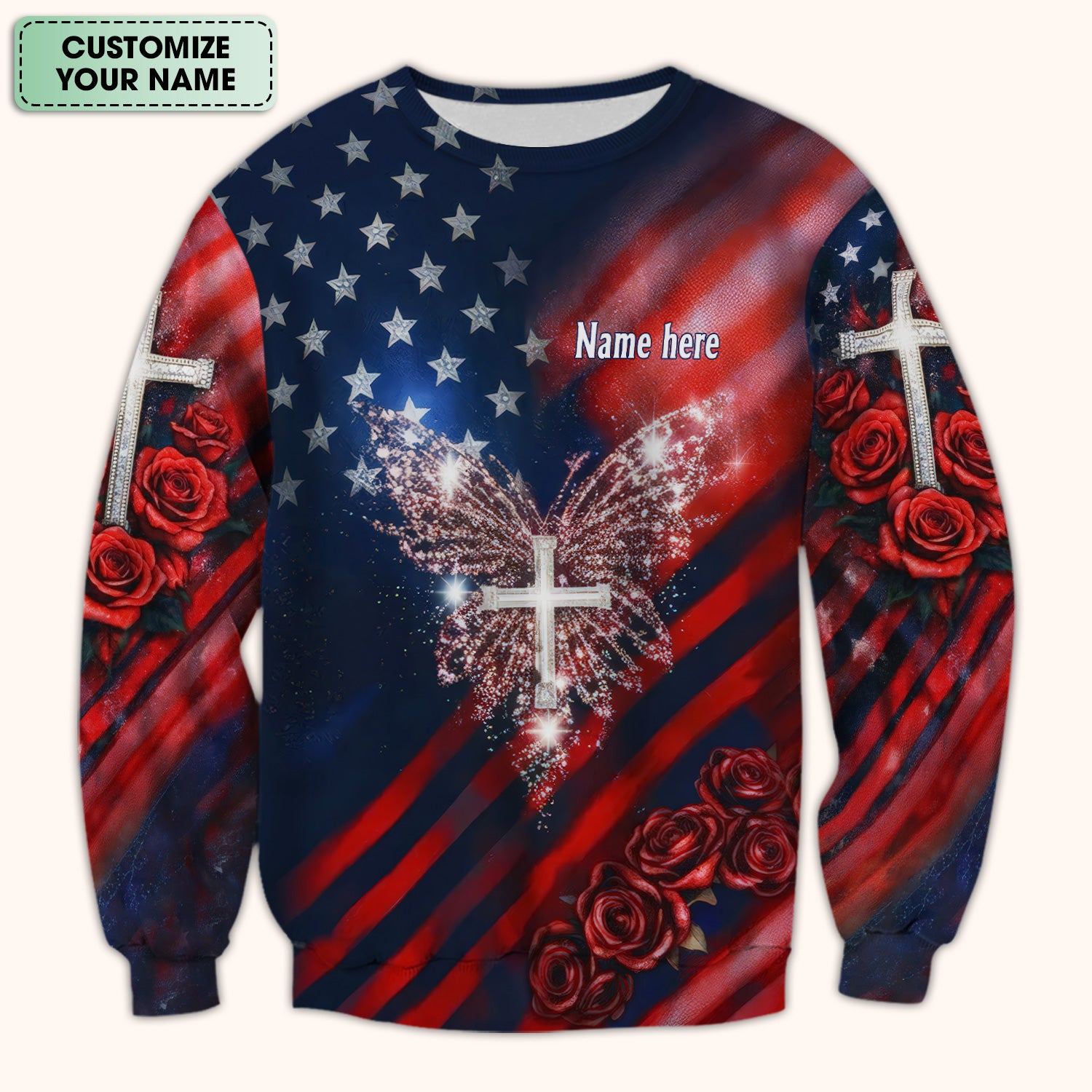 Custom Name Patriotic Cross Butterfly Rose Print Scrub Top, Comfortable Scrubs for Nurses