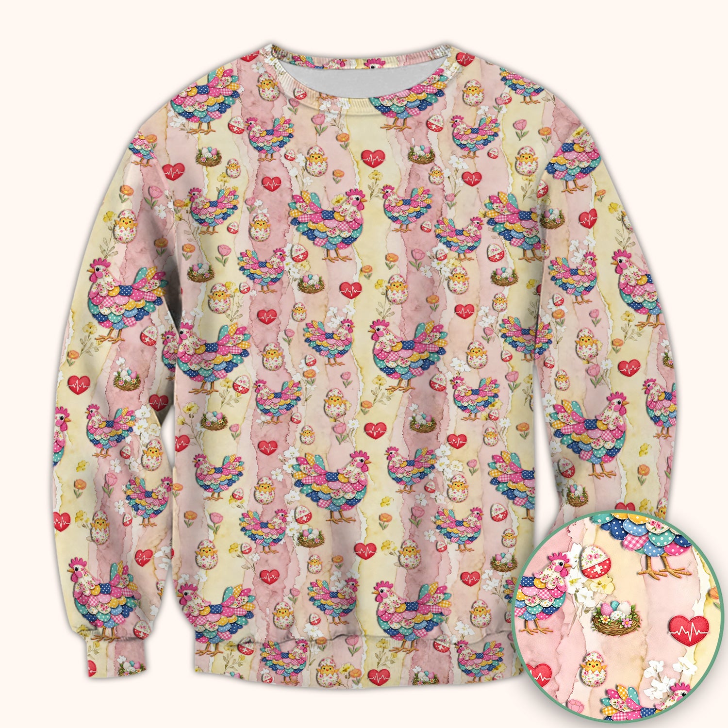 Colorful Chicken Easter Eggs Heart Pattern Scrubs Top, Breathable Fabrics Nursing Uniform