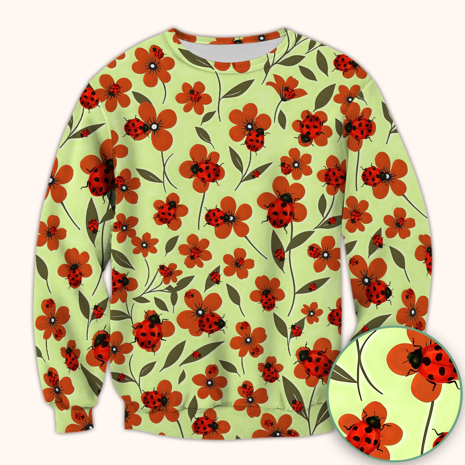 Ladybug on Orange Floral Garden Pattern Scrub Top, Comfortable Scrubs for Nurses