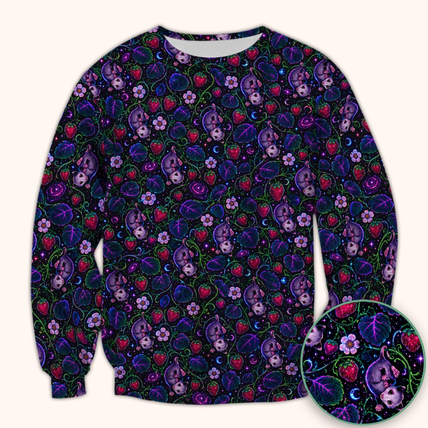 Galaxy Strawberry Opossum Pattern Scrub Top for RN, CNA, Veterinary Staff, Cat Lover Uniform
