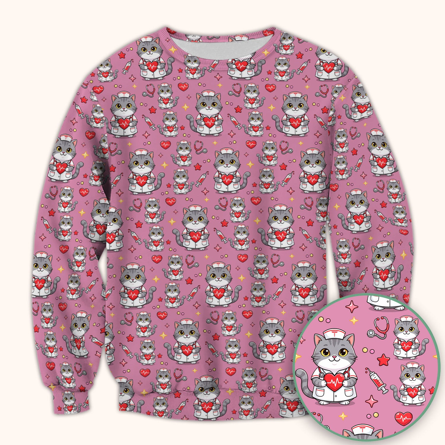 Cute Nurse Cat Heart Medical Print Scrub Top, Comfortable Scrubs for Nurses