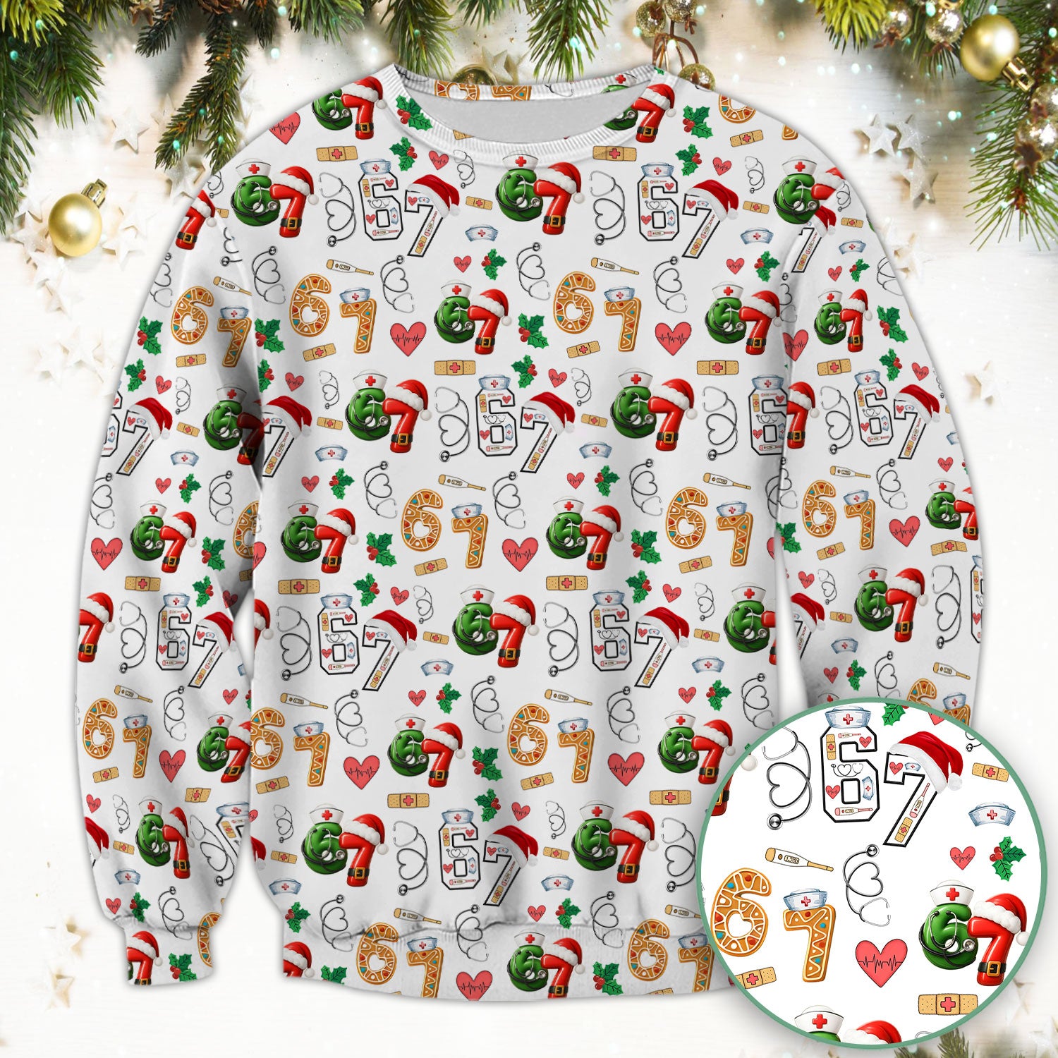 Christmas Nurse 67 Pattern Scrub Top, Cute Holiday Medical Shirt With Santa Hat, Uniform For Nursing