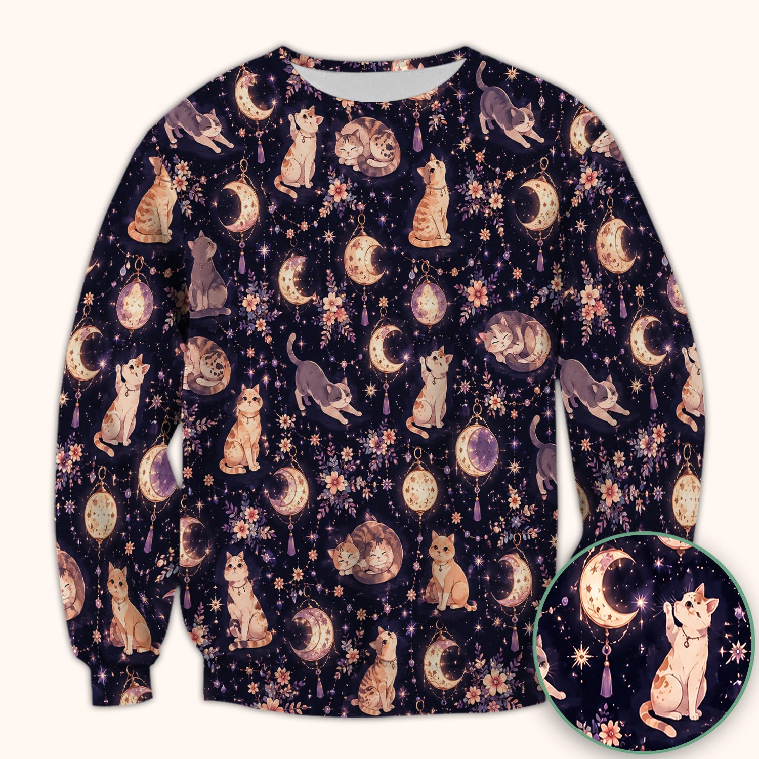 Celestial Cat Pattern Scrub Top, Comfortable Scrubs for Nurses