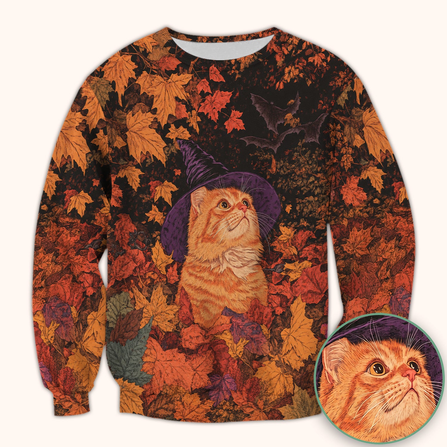 Autumn Cat with Fall Leaves Scrub Top, Comfortable Scrubs for Nurses