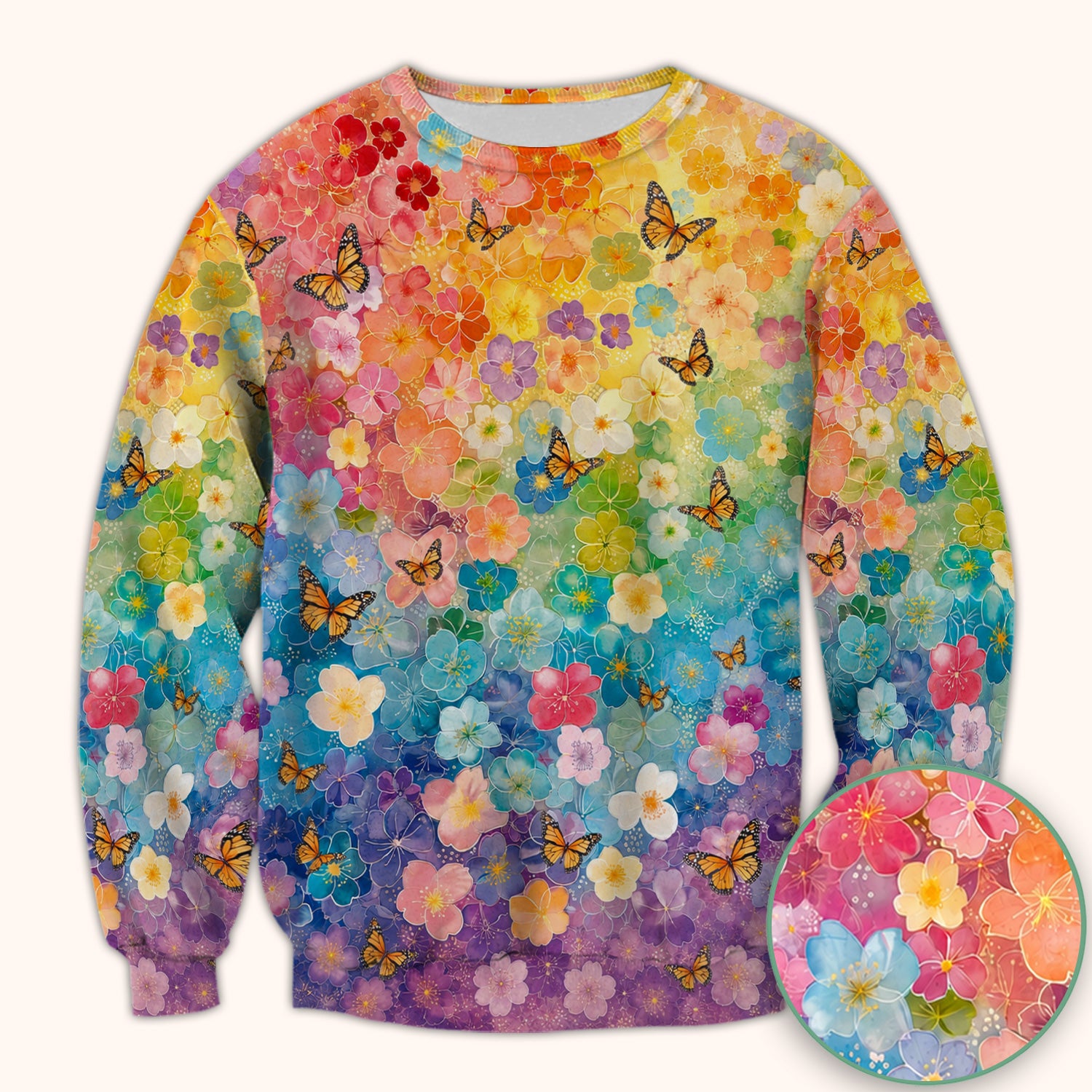 Rainbow Butterfly Floral Blossom Pattern Scrub Top, Comfortable Scrubs for Nurses