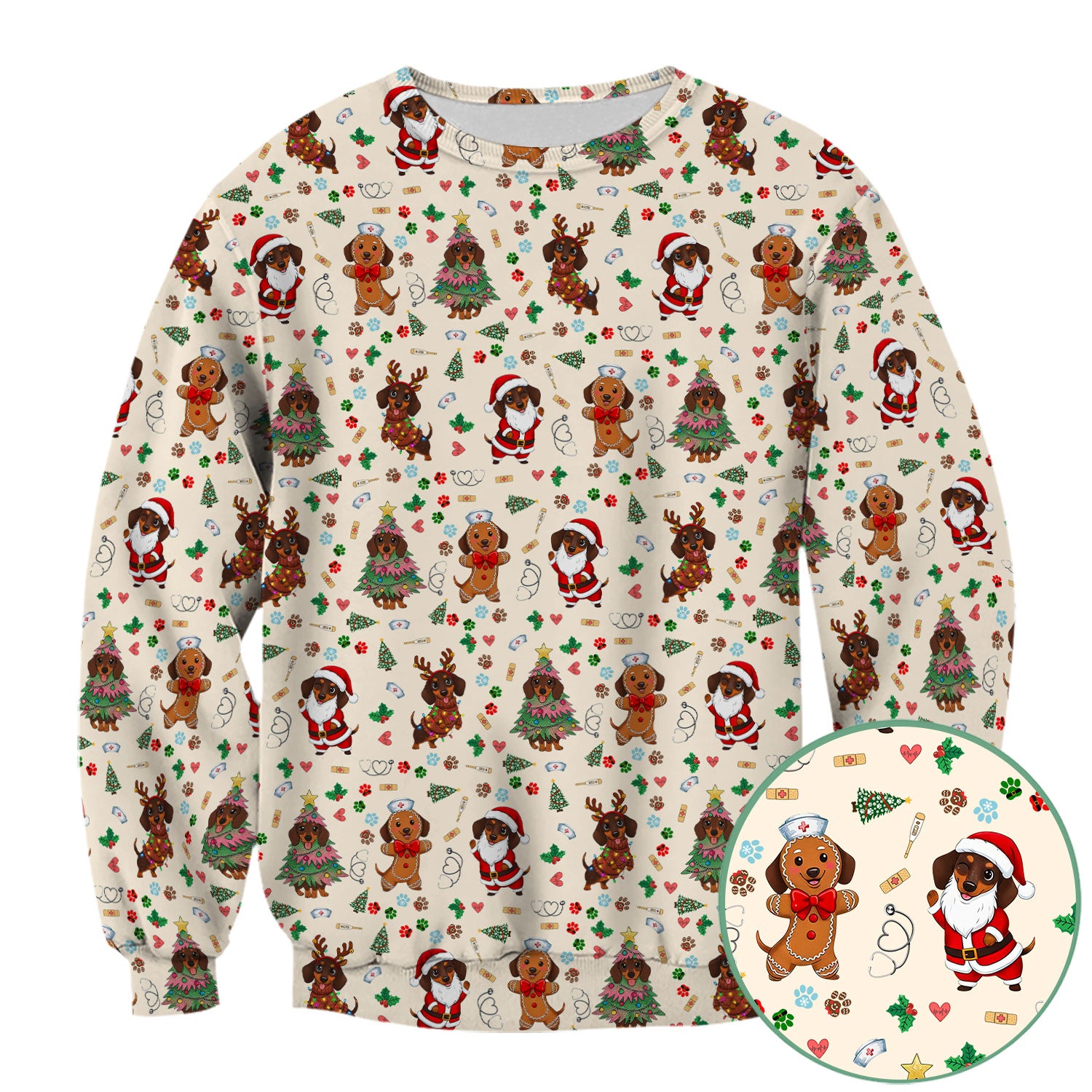 Wiener Dog Christmas Scrub Top – Funny Dachshund Pattern Medical Shirt – Festive Holiday Uniform for RN, LPN, CNA, and Vet Techs