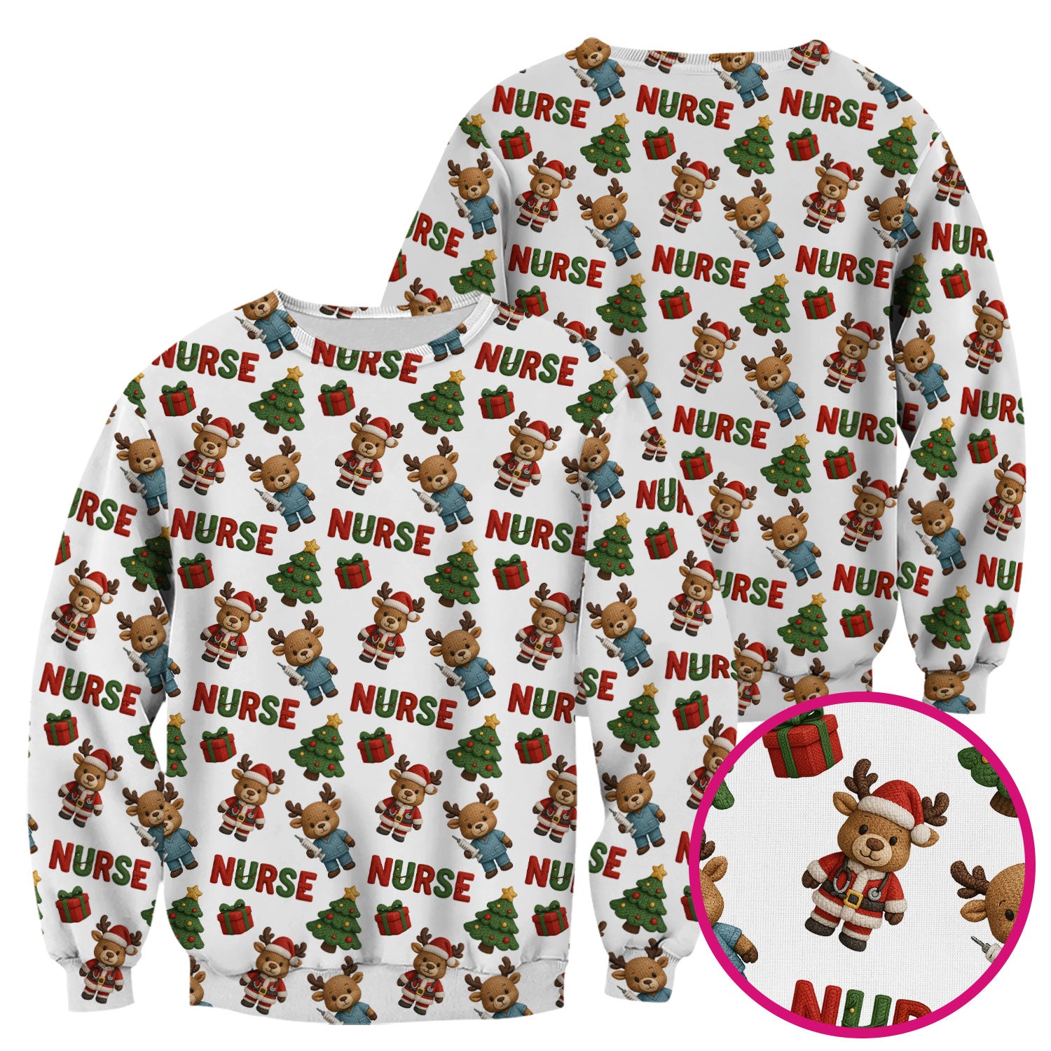 Reindeer Christmas Scrub Top, Cute Holiday Nurse Scrub Shirt, Festive Pattern Nursing Uniform