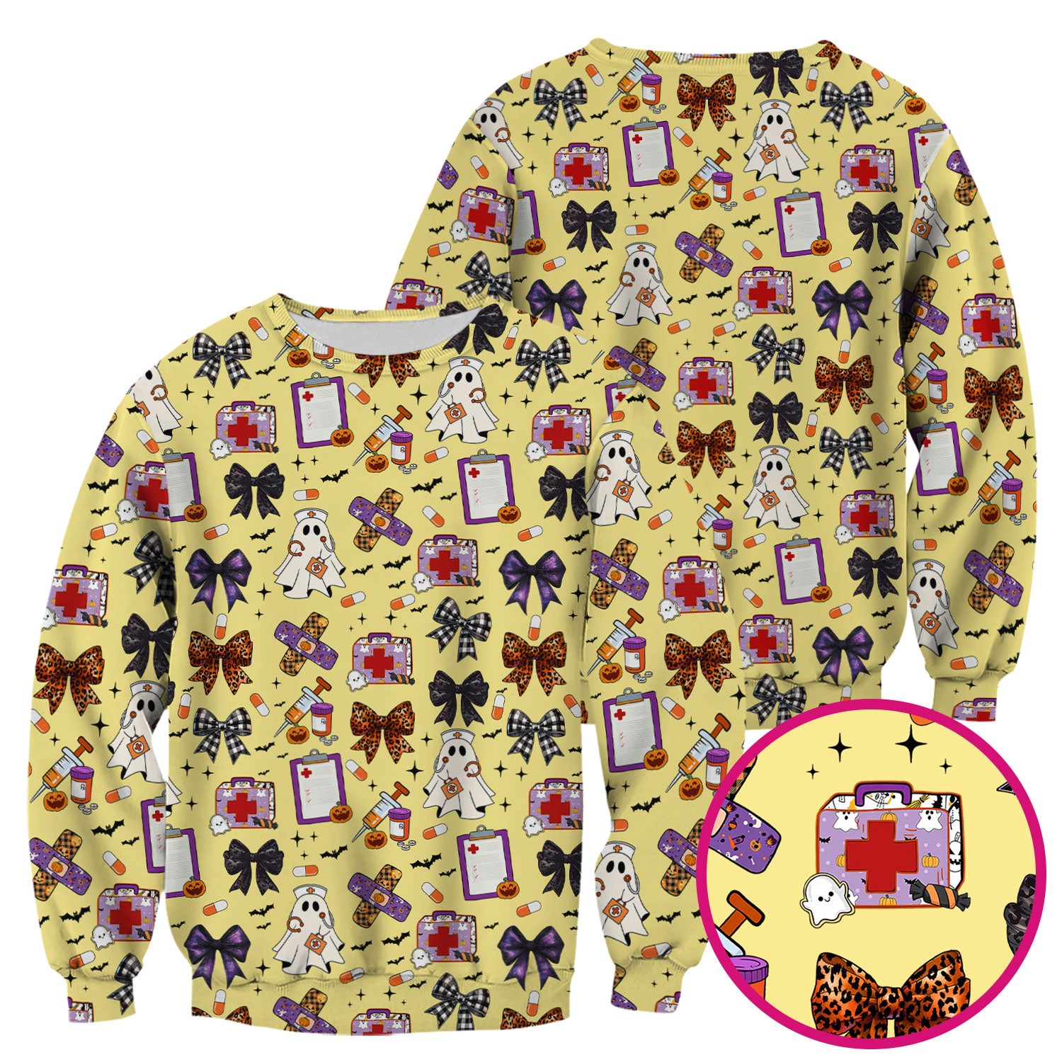 Halloween Nurse Scrub Top - Cute Ghost & Bow Medical Scrubs - Yellow Nursing Shirt with Colorful Halloween Print