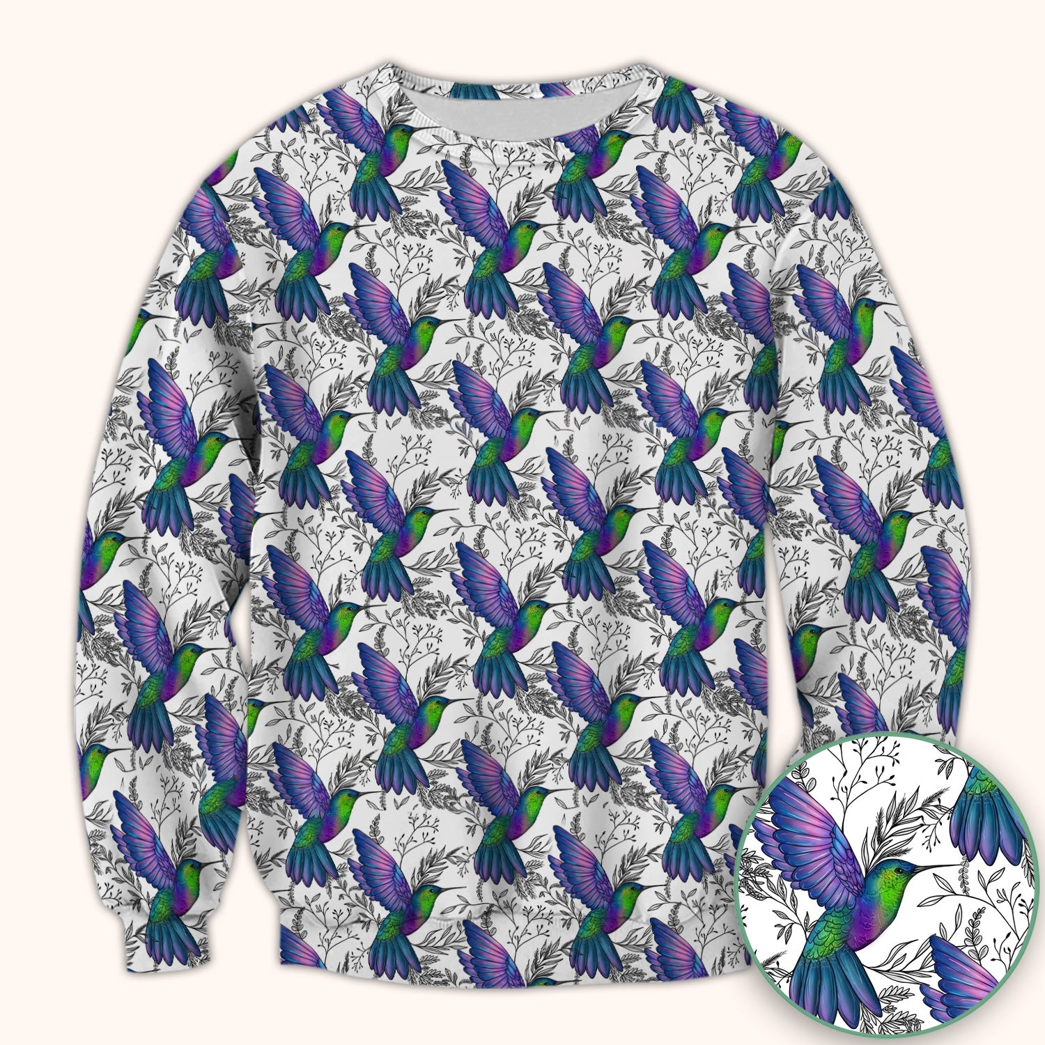 Colorful Hummingbird Flying Botanical Pattern Scrub Top, Comfortable Scrubs for Nurses