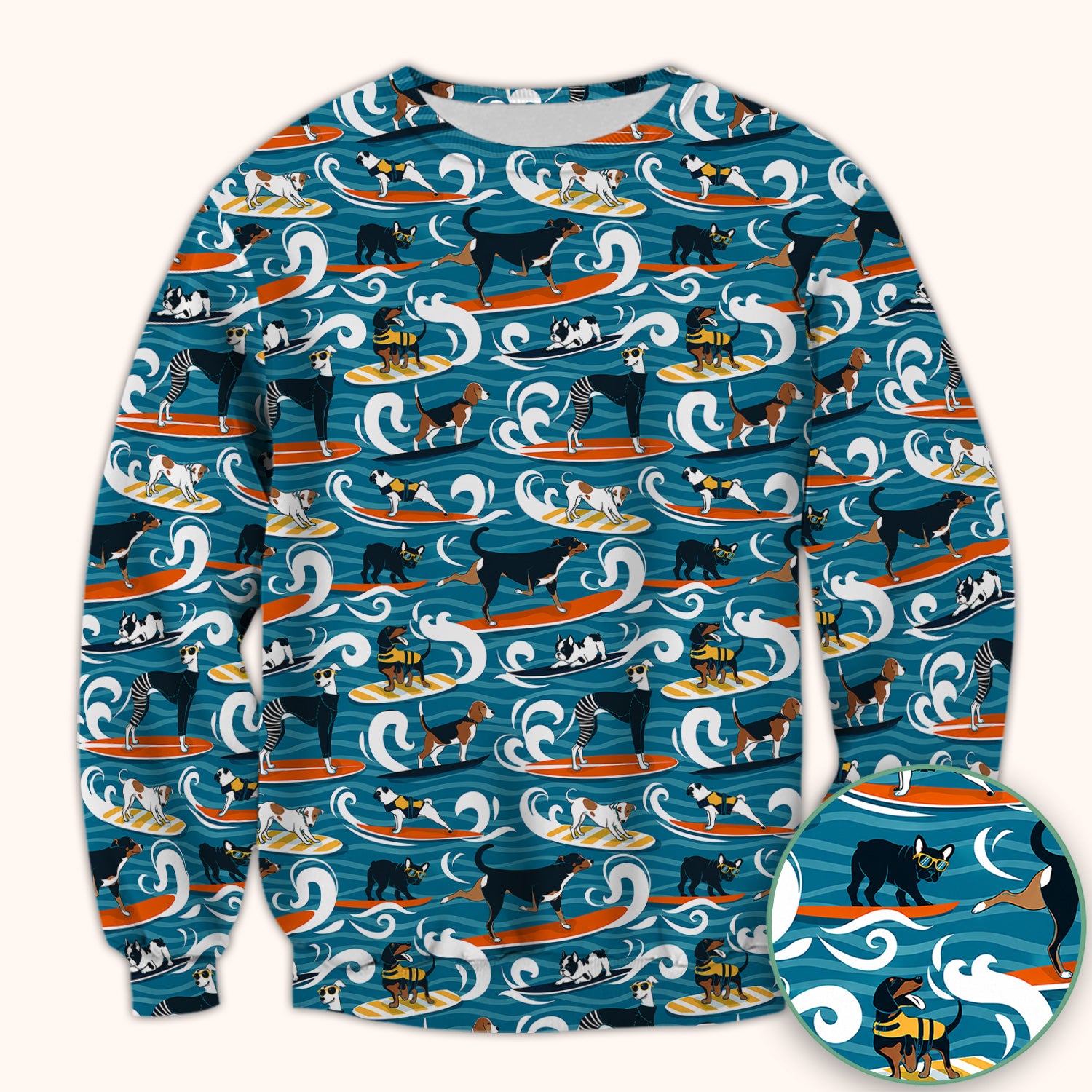 Surfing Dogs Ocean Wave Print Scrub Top, Comfortable Scrubs for Nurses