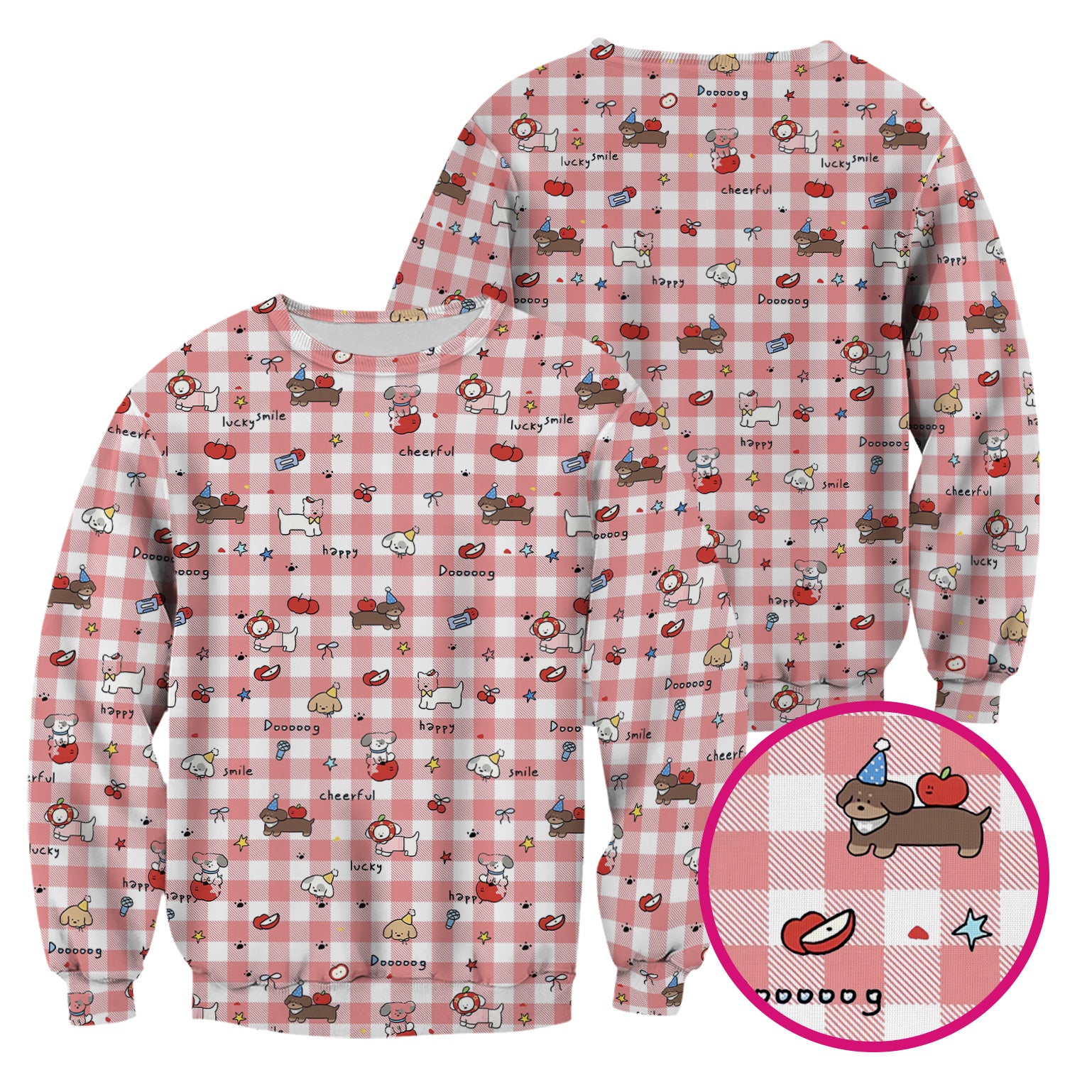 Cute Nurse Cartoon Puppy Apple Gingham Scrub Top, Breathable Fabrics Nursing Uniform