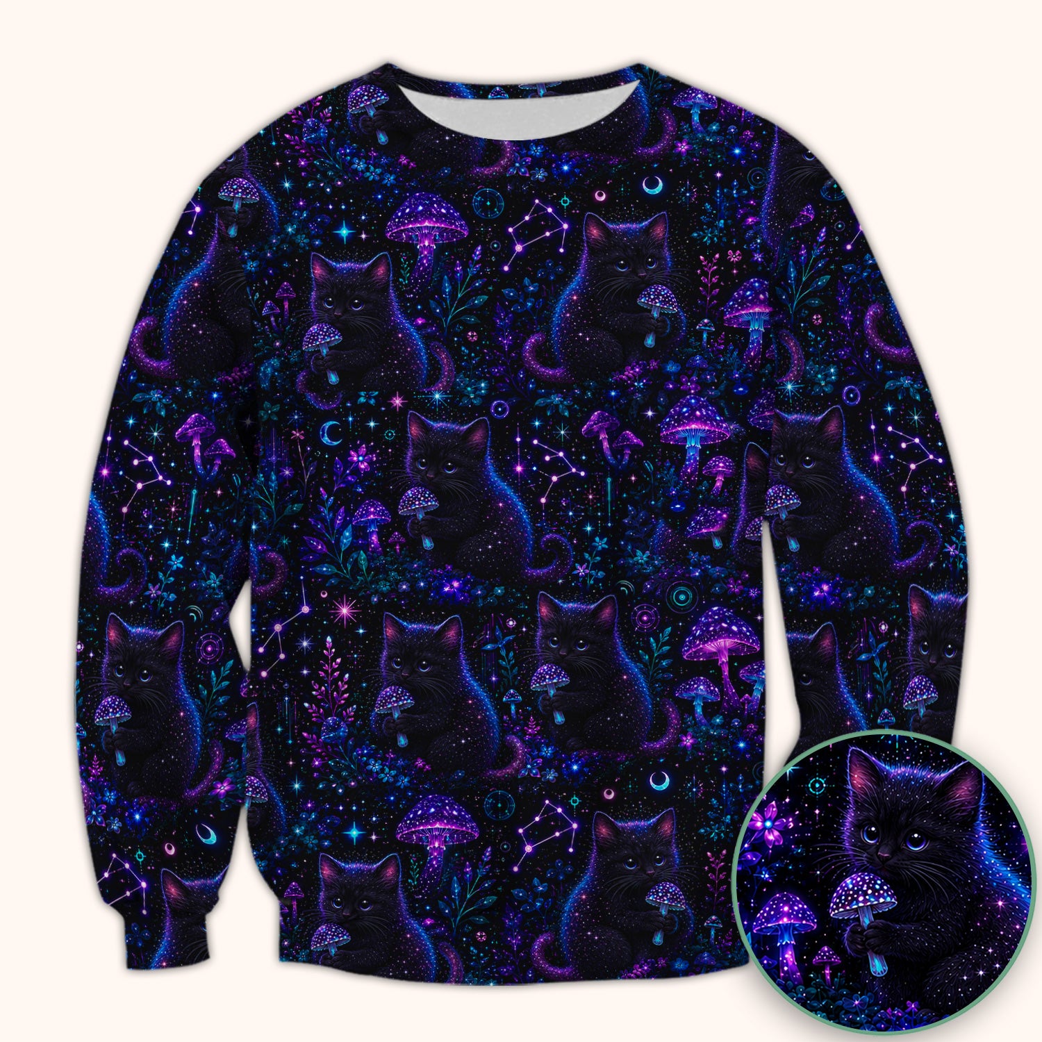 Neon Black Cat Mushroom Galaxy Pattern Scrub Top, Comfortable Scrubs for Nurses