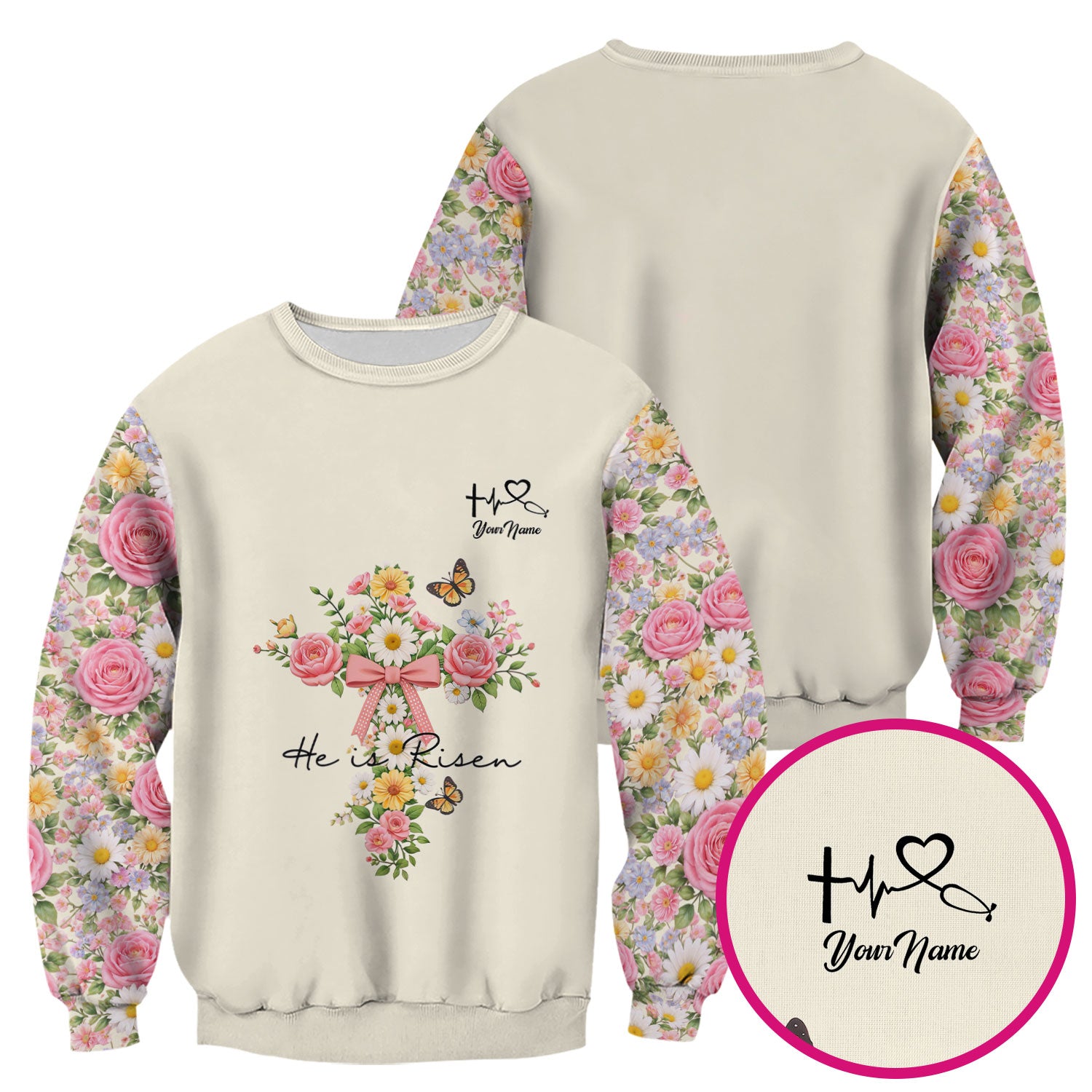 Personalized Meaningful Easter Nurse He Is Risen Floral Cross Bow Pattern Scrub Top, Comfortable Scrubs for Nurses
