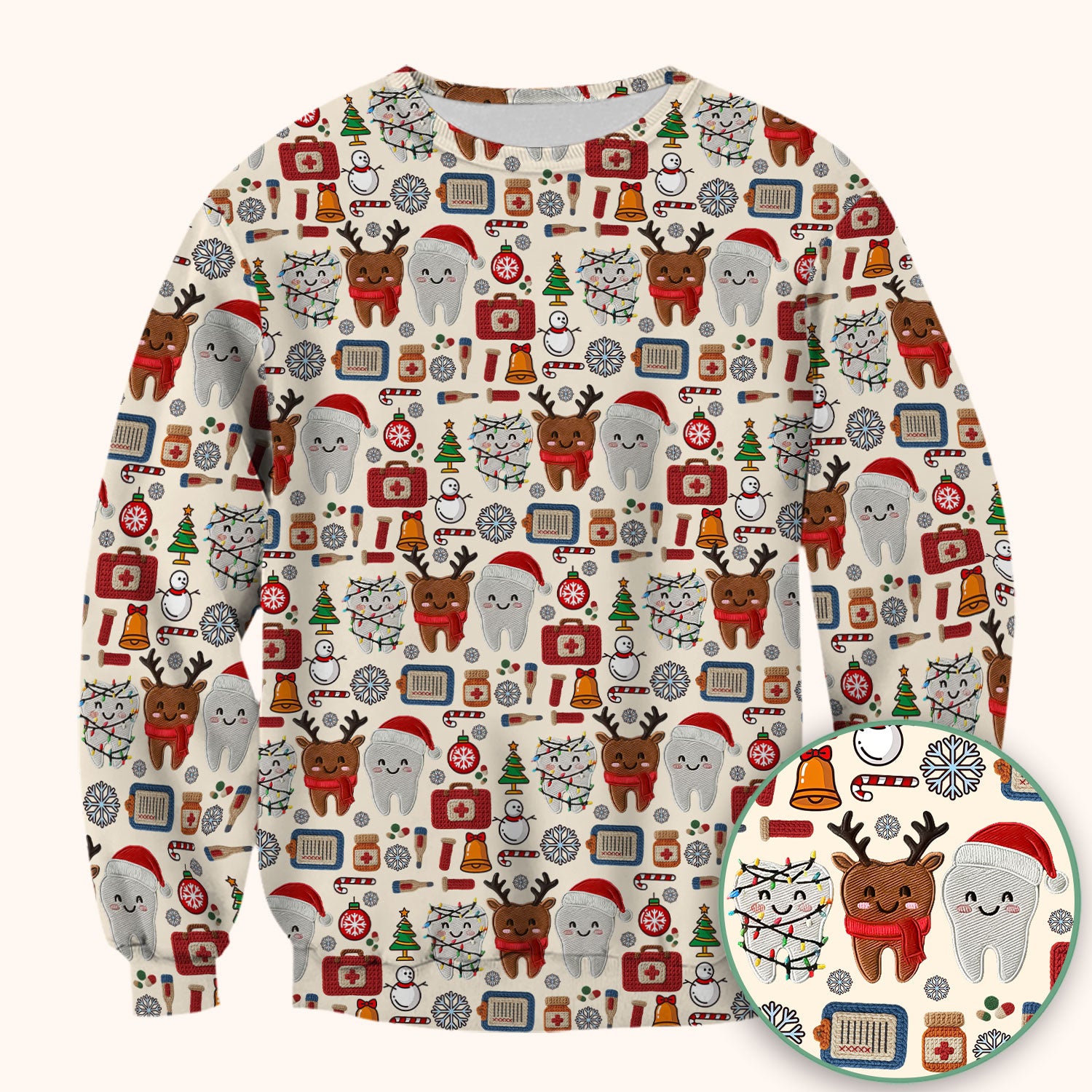 Christmas Dental Scrub Top - Cute Santa & Reindeer Tooth Shirt - Funny Holiday Medical Uniform for Dentists, Hygienists & Nurses