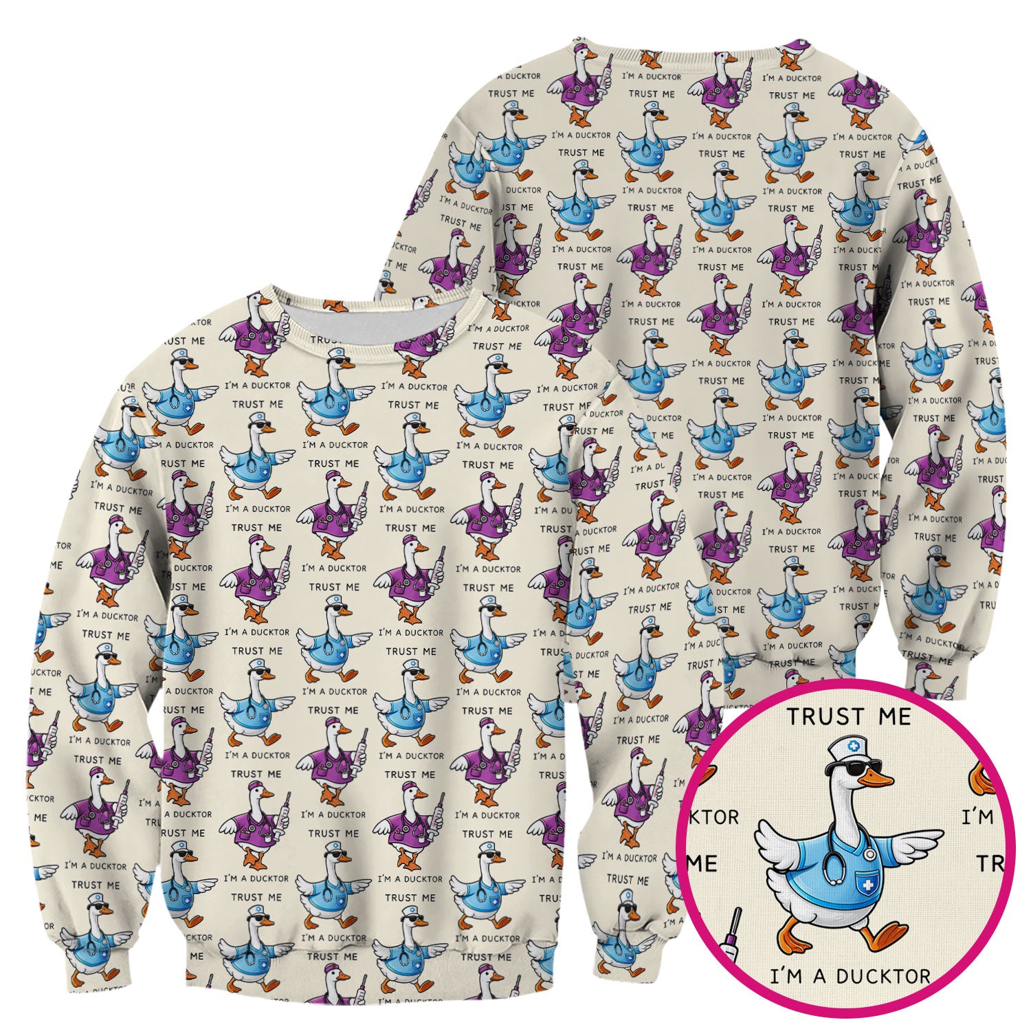 Funny Duck Cartoon Medical Pattern Scrub Top, Comfortable Scrubs for Nurses