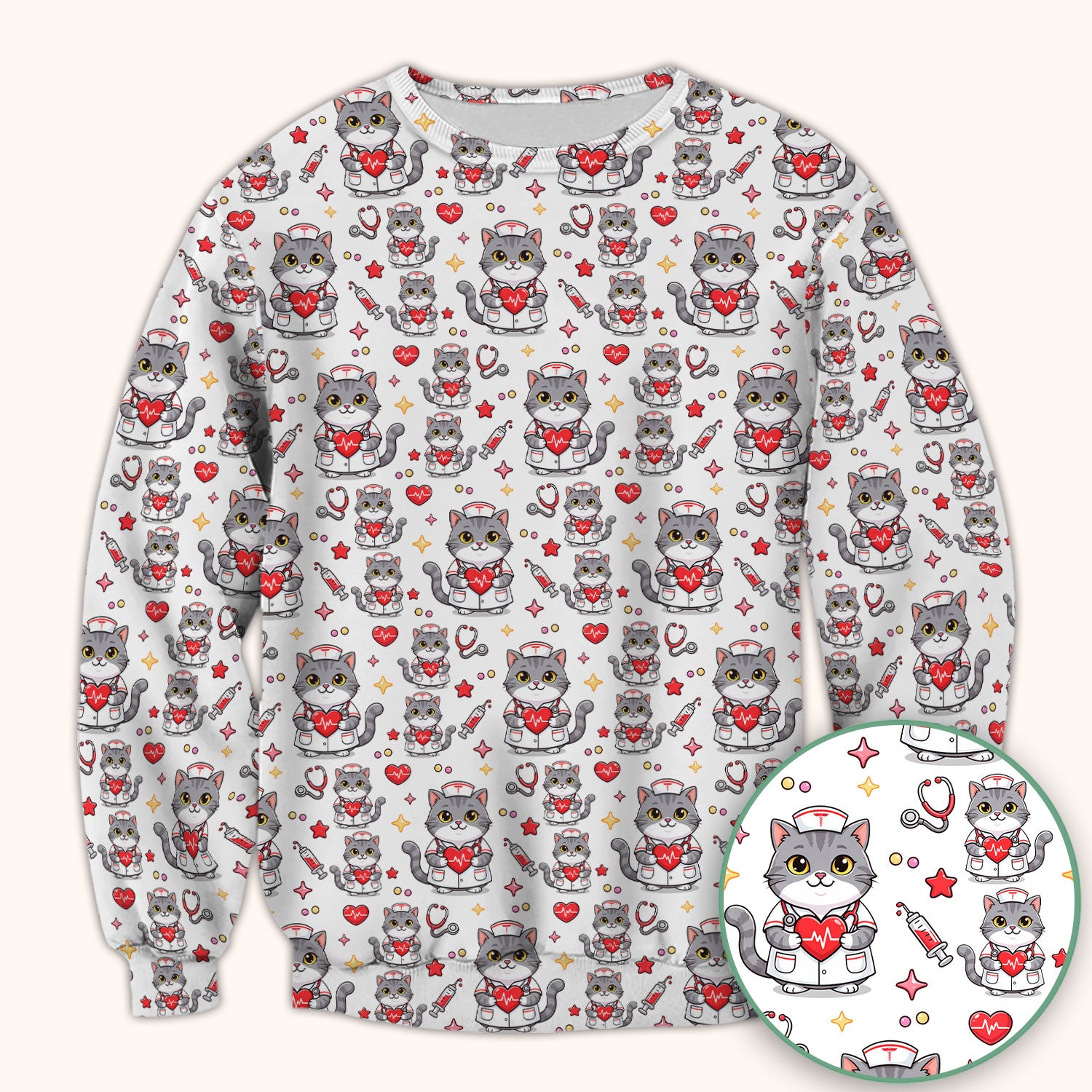 Cute Nurse Cat Heart Medical Print Scrub Top, Comfortable Scrubs for Nurses