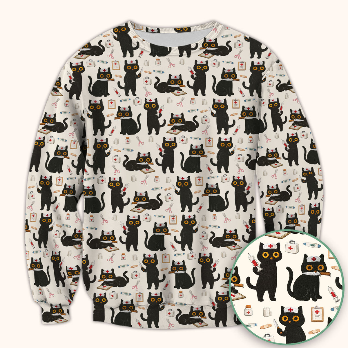 Cute Black Cat Nurse Pattern Scrub Top, Comfortable Scrubs for Nurses